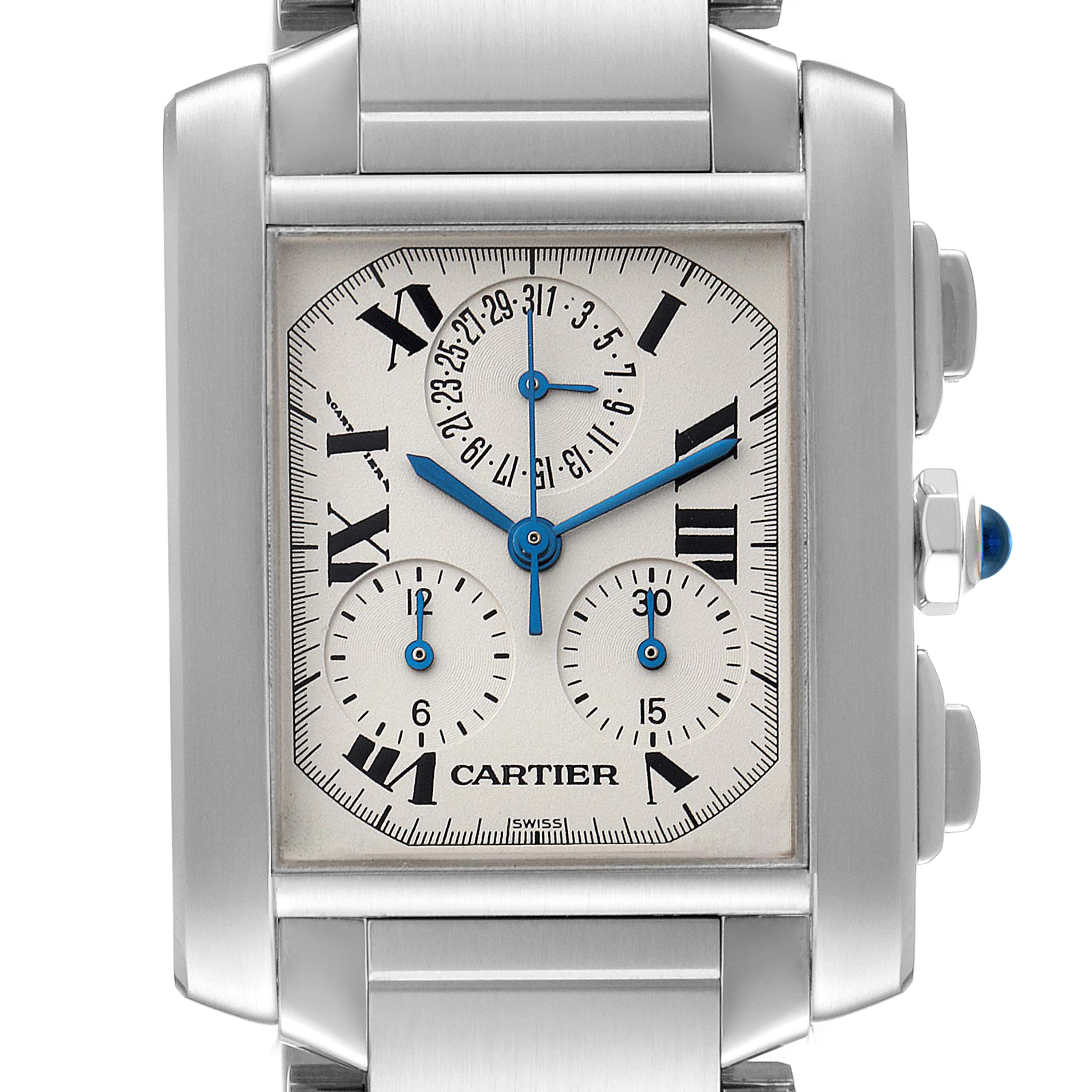 This is a close-up frontal view of the Cartier Tank Francaise W51001Q3 Men's Stainless Steel Silver Dial W51001Q3 Men's Stainless Steel Silver Dial watch, showcasing its face, blue hands, and subdials.