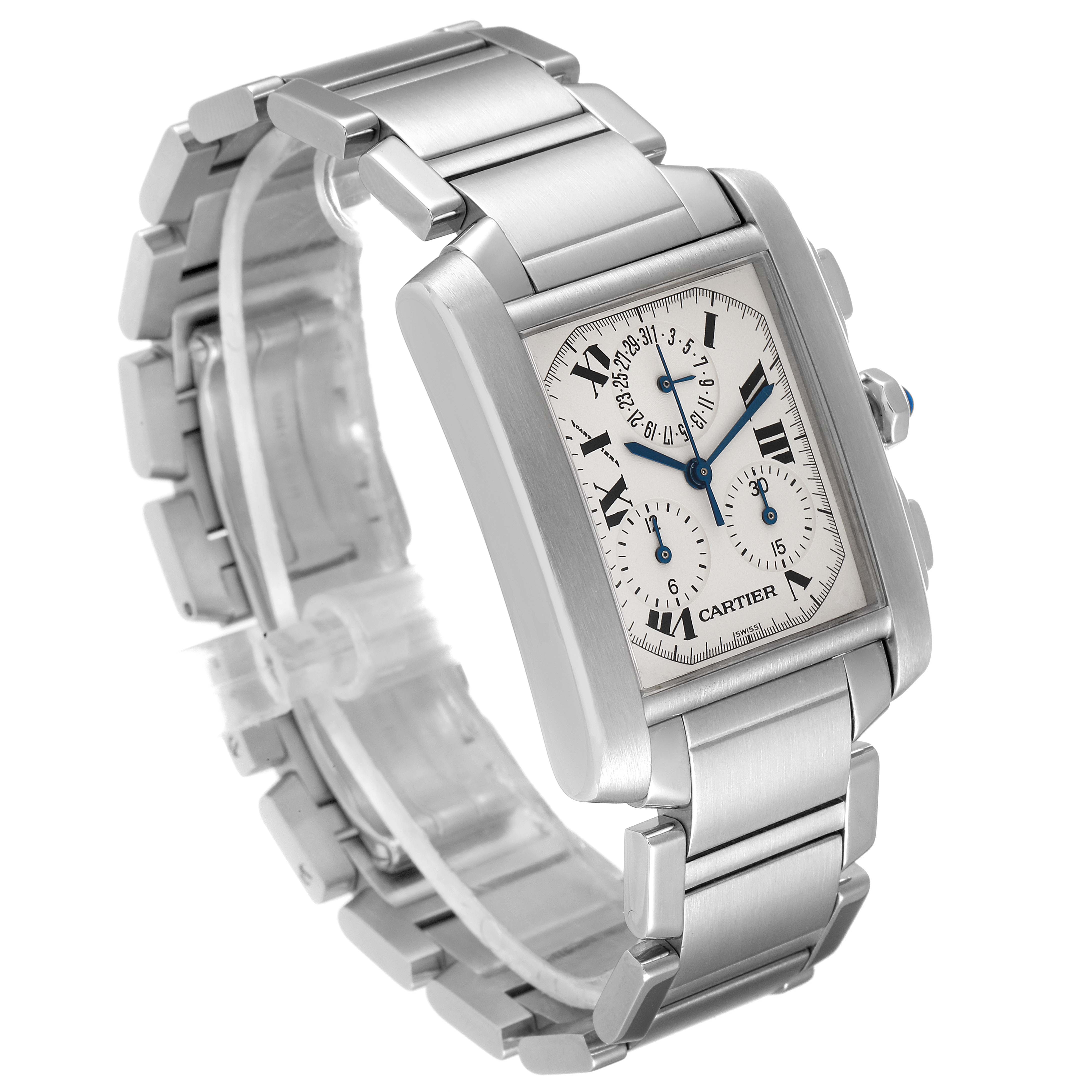 The image shows a Cartier Tank Francaise W51001Q3 Men's Stainless Steel Silver Dial W51001Q3 Men's Stainless Steel Silver Dial watch at a slight angle, highlighting the face, bracelet, and side buttons.