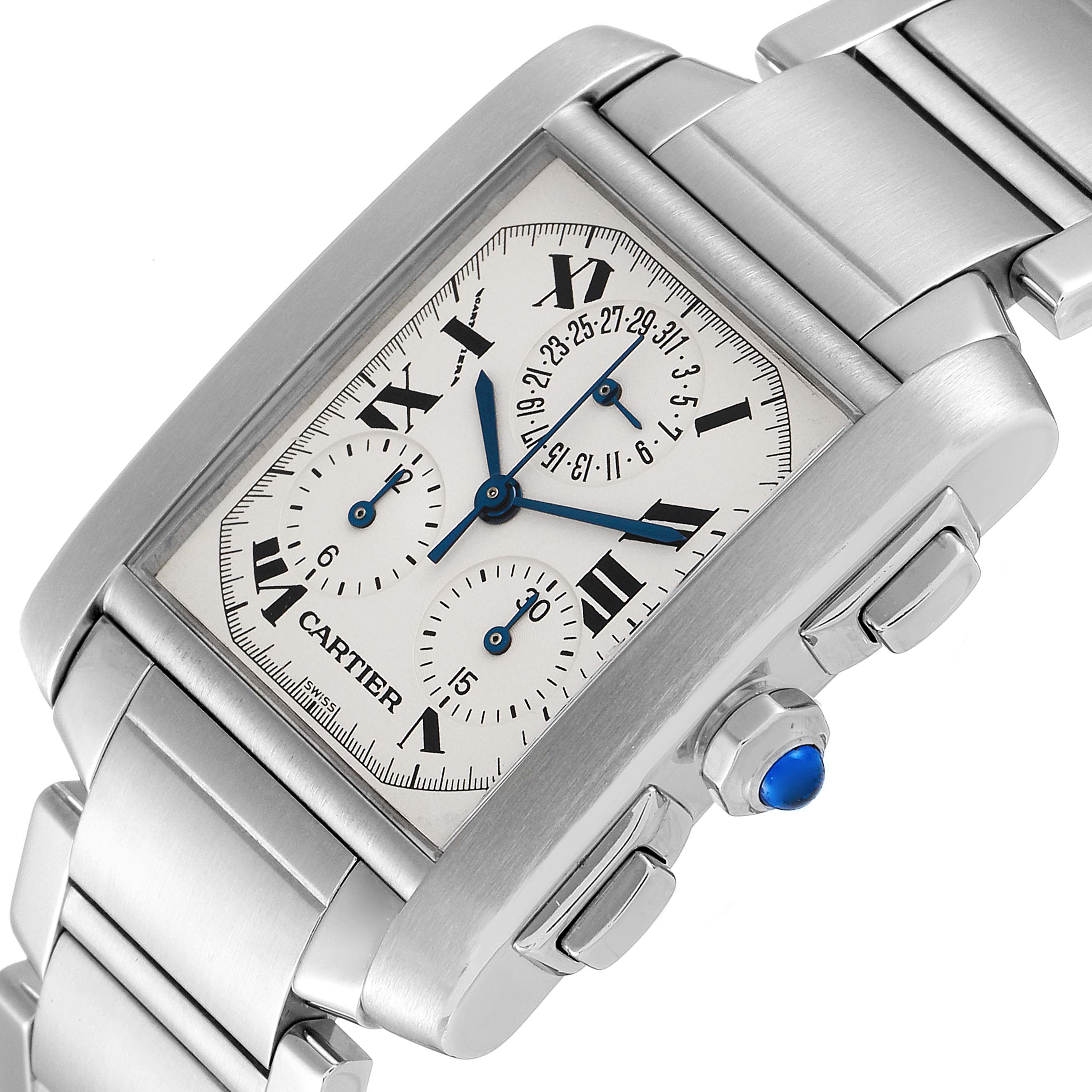 This image shows a close-up, angled view of the Cartier Tank Française watch, highlighting its face, bracelet, and side crown.