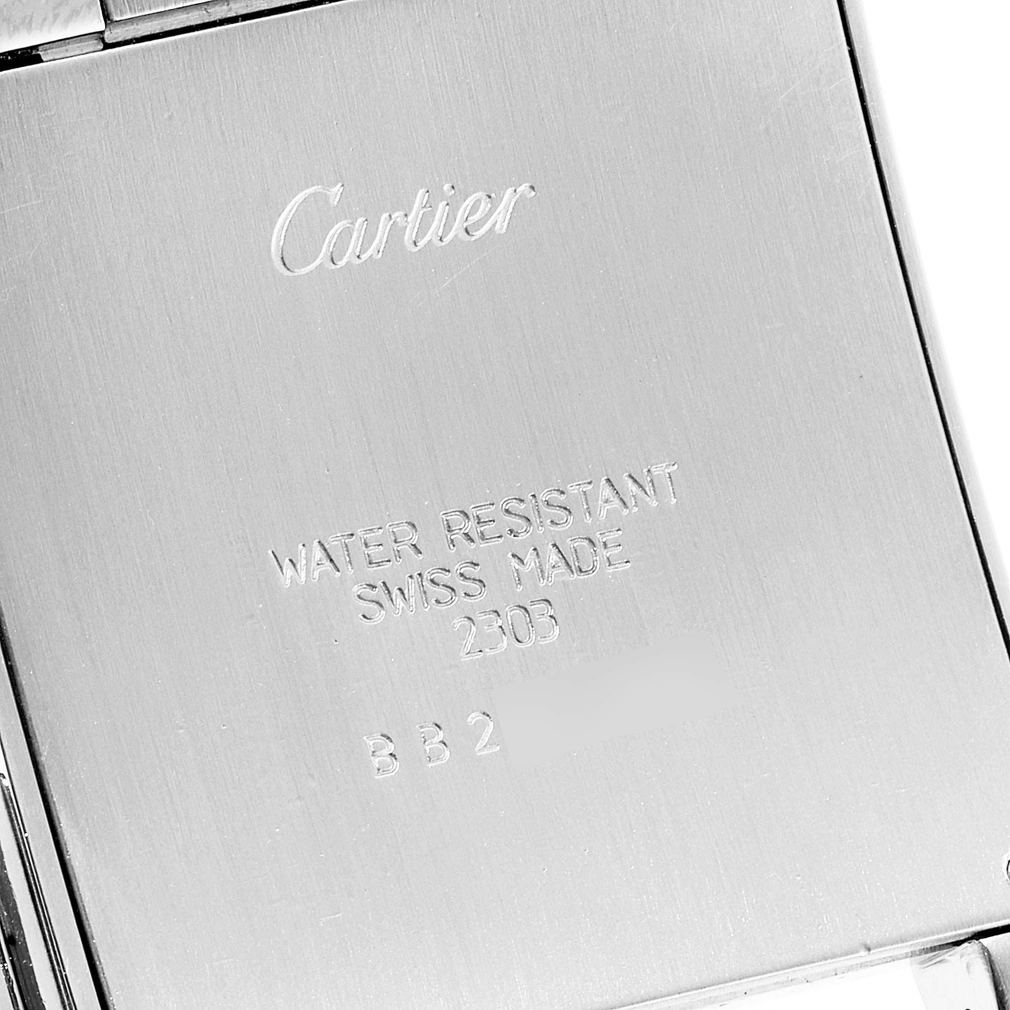 The image shows the back case of a Cartier Tank Francaise W51001Q3 Men's Stainless Steel Silver Dial W51001Q3 Men's Stainless Steel Silver Dial watch, highlighting engravings for branding, water resistance, and being Swiss-made.