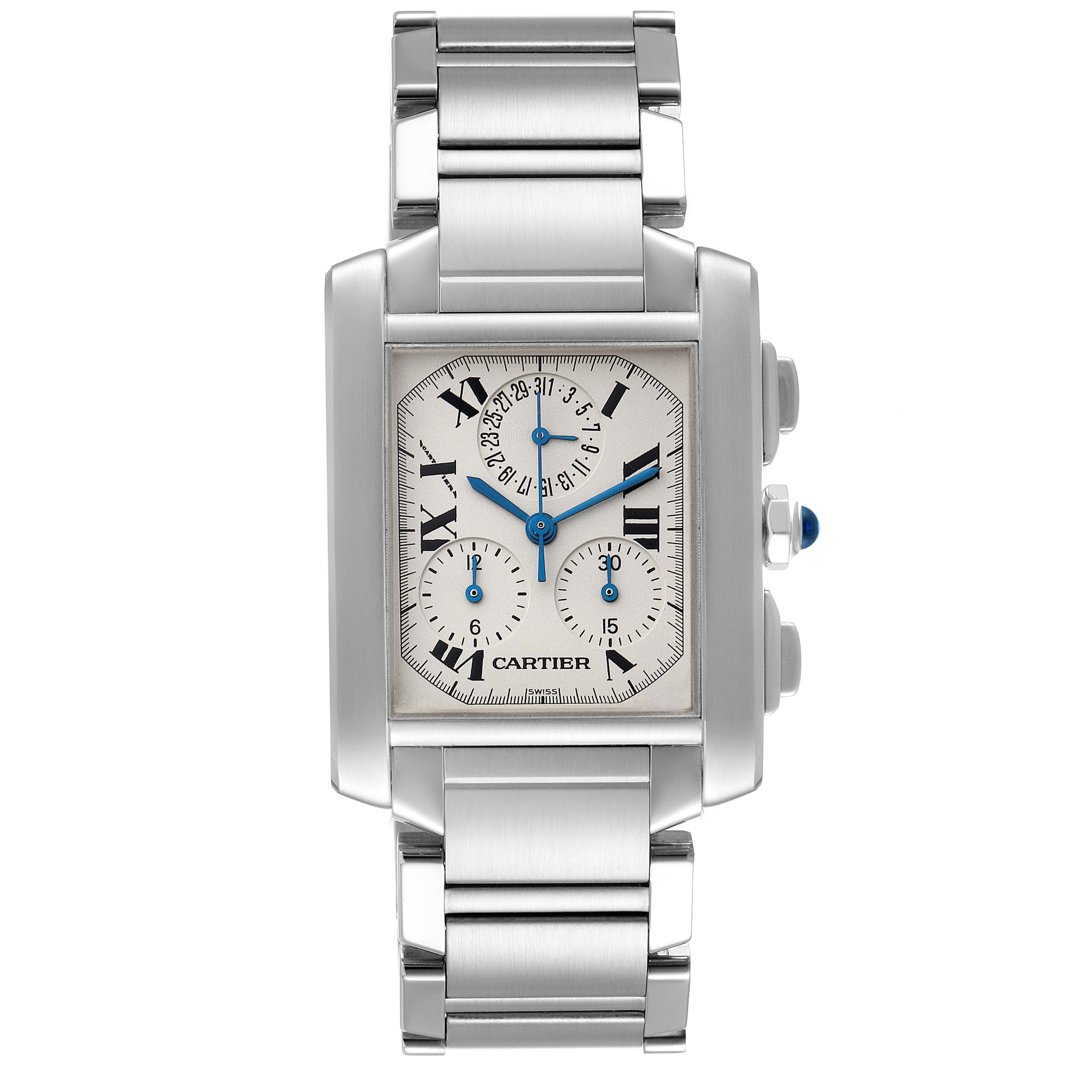 This image shows a front view of the Cartier Tank Francaise W51001Q3 Men's Stainless Steel Silver Dial W51001Q3 Men's Stainless Steel Silver Dial watch, highlighting its rectangular face and linked bracelet.