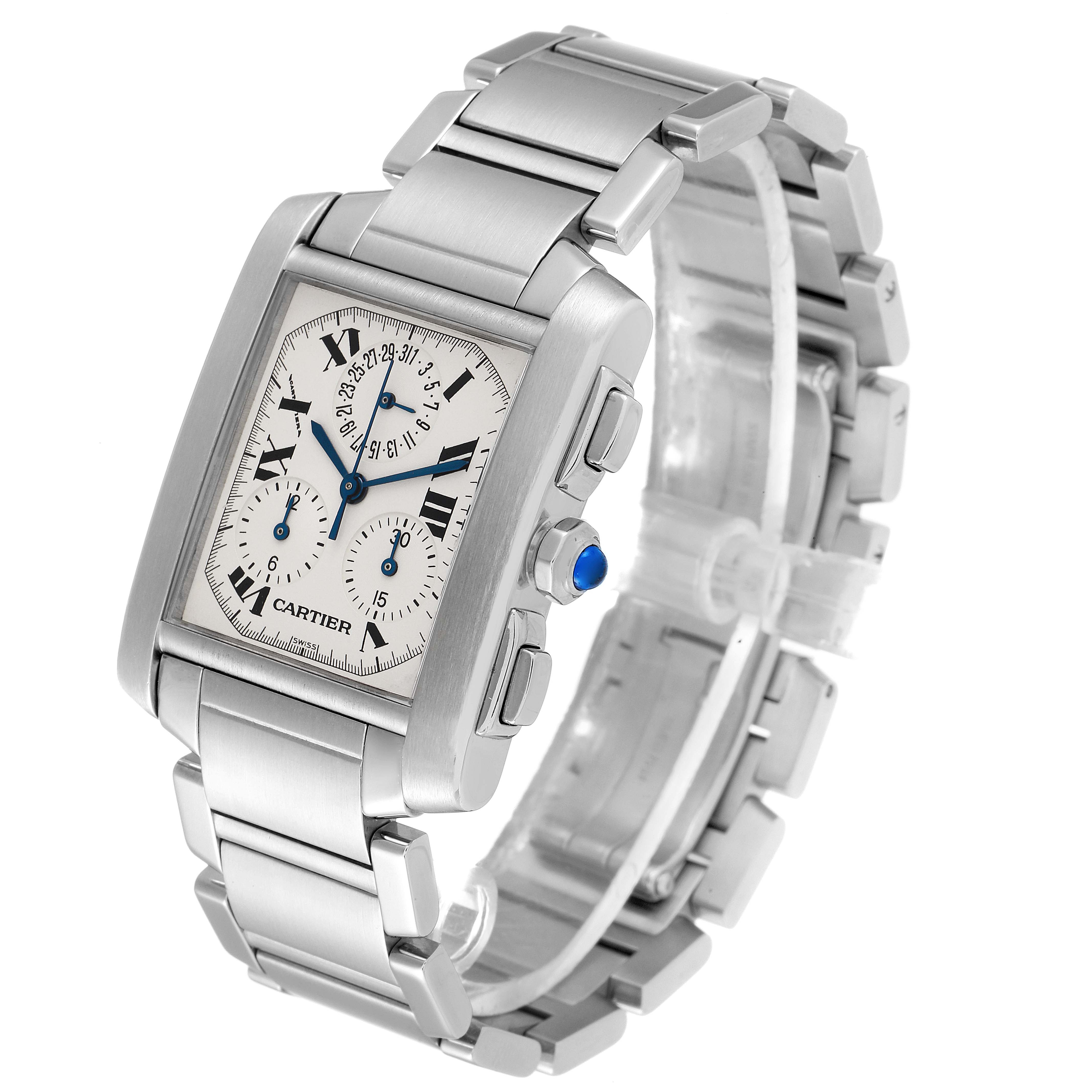 The Cartier Tank Francaise W51001Q3 Men's Stainless Steel Silver Dial W51001Q3 Men's Stainless Steel Silver Dial watch is shown at an angle displaying its face, side buttons, and stainless steel bracelet.