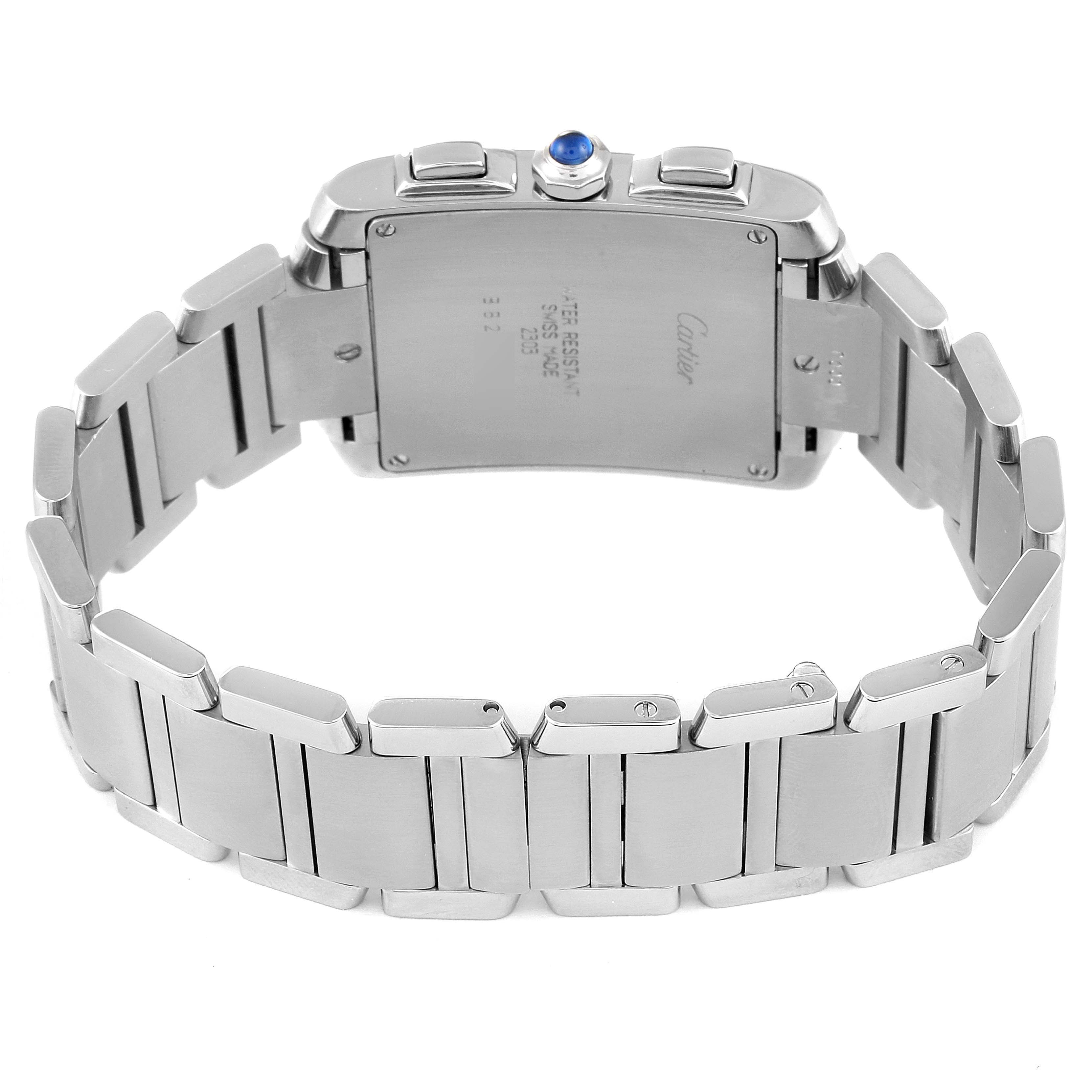 The Cartier Tank Francaise W51001Q3 Men's Stainless Steel Silver Dial W51001Q3 Men's Stainless Steel Silver Dial watch is shown from the back, displaying its clasp, bracelet links, and case back.