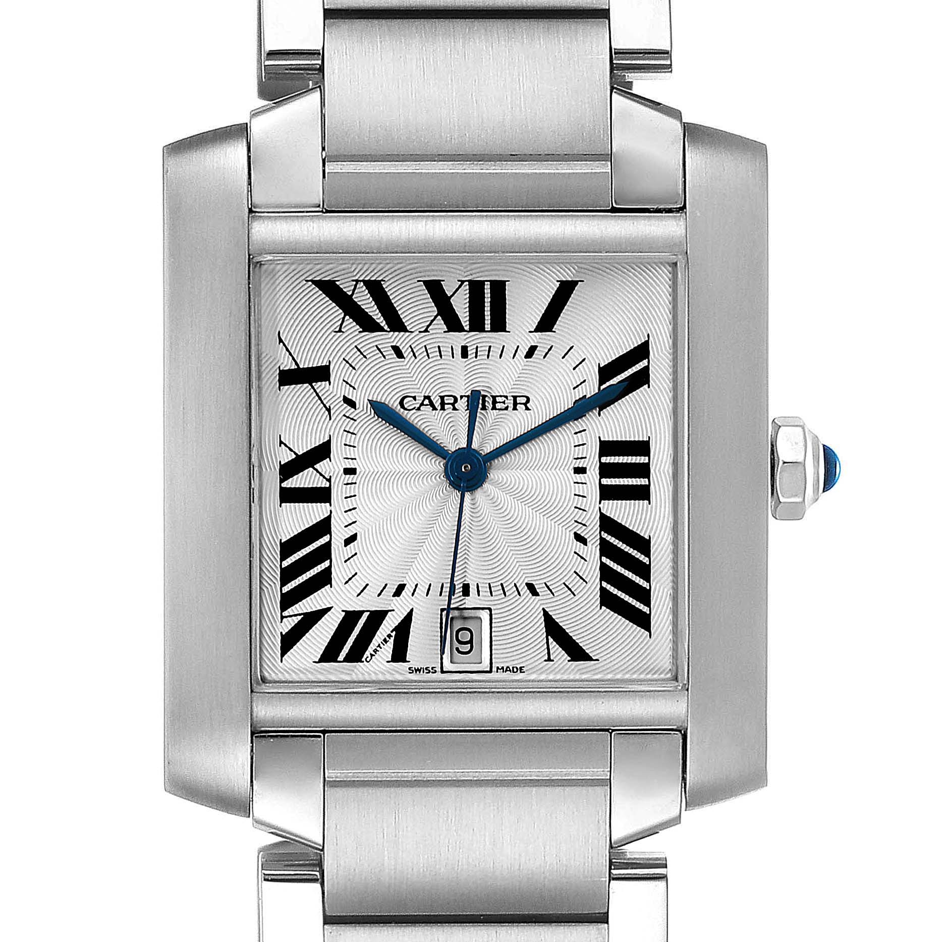 The image shows a front view of the Cartier Tank Francaise W51002Q3 Men's Stainless Steel Silver Dial W51002Q3 Men's Stainless Steel Silver Dial watch, highlighting its dial, Roman numerals, and metal bracelet.