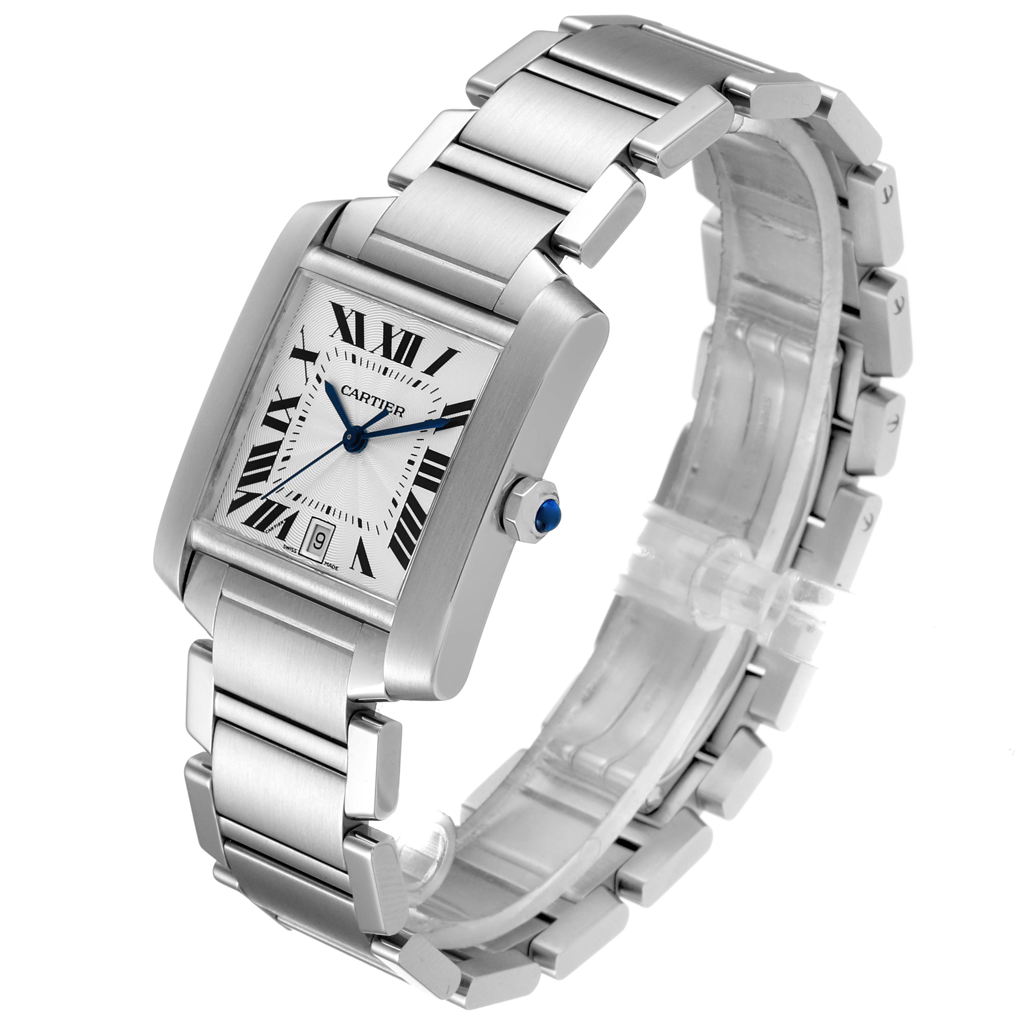 The Cartier Tank Française watch is shown at a three-quarter angle, displaying the face, bracelet, and crown with a blue cabochon.