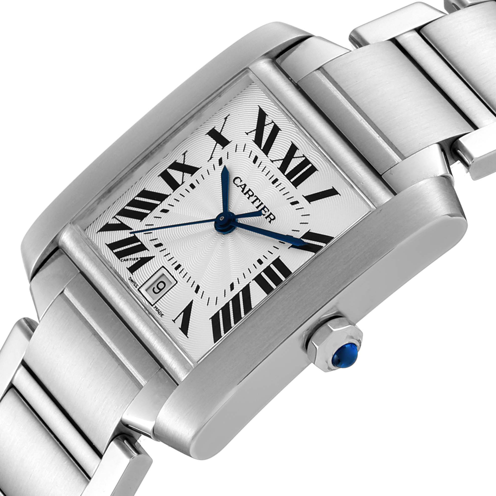 The image shows a close-up angle of the Cartier Tank Francaise W51002Q3 Men's Stainless Steel Silver Dial W51002Q3 Men's Stainless Steel Silver Dial watch, highlighting the face, crown, and part of the bracelet.