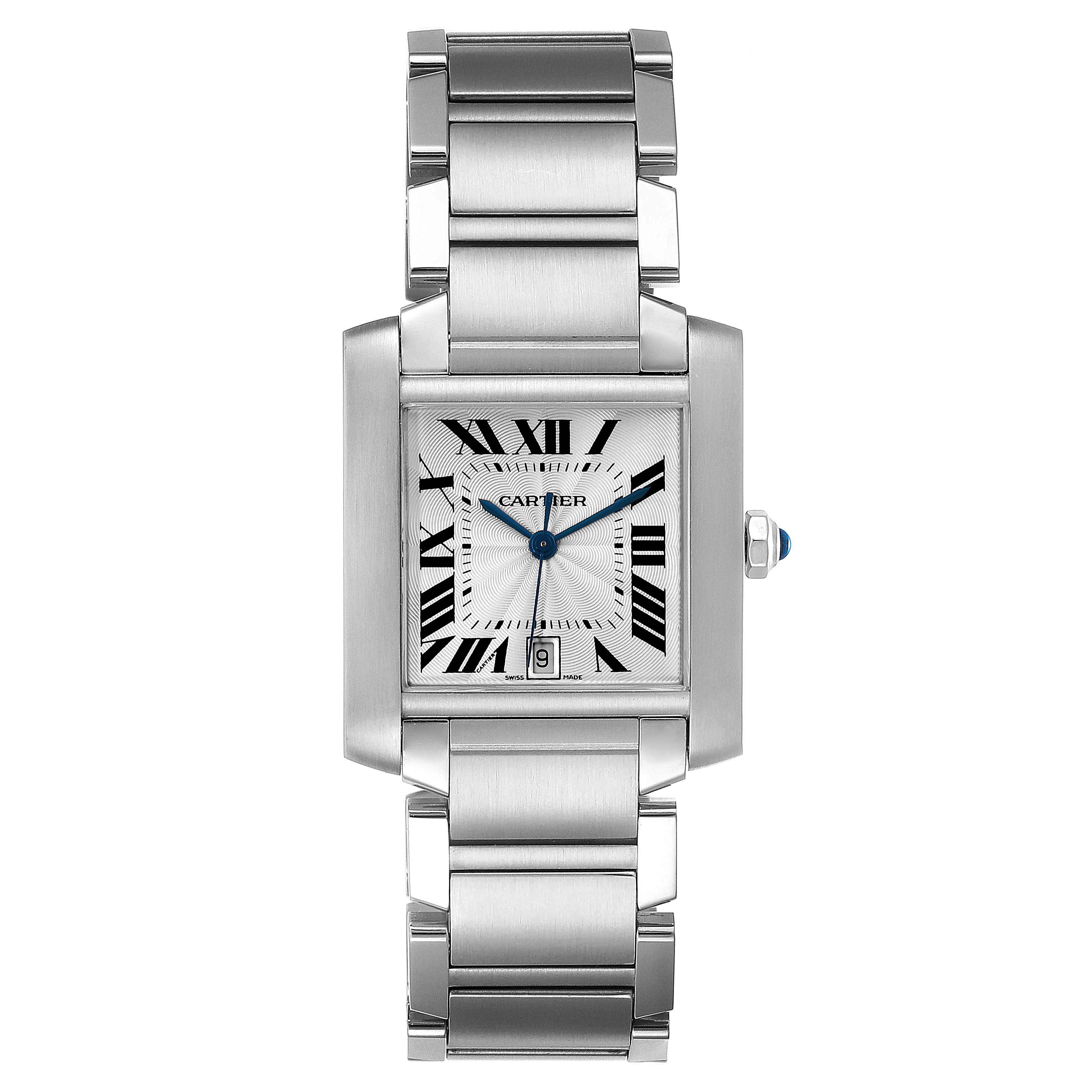 This image shows a top view of the Cartier Tank Francaise W51002Q3 Men's Stainless Steel Silver Dial W51002Q3 Men's Stainless Steel Silver Dial watch, highlighting its rectangular face, metal band, and crown.