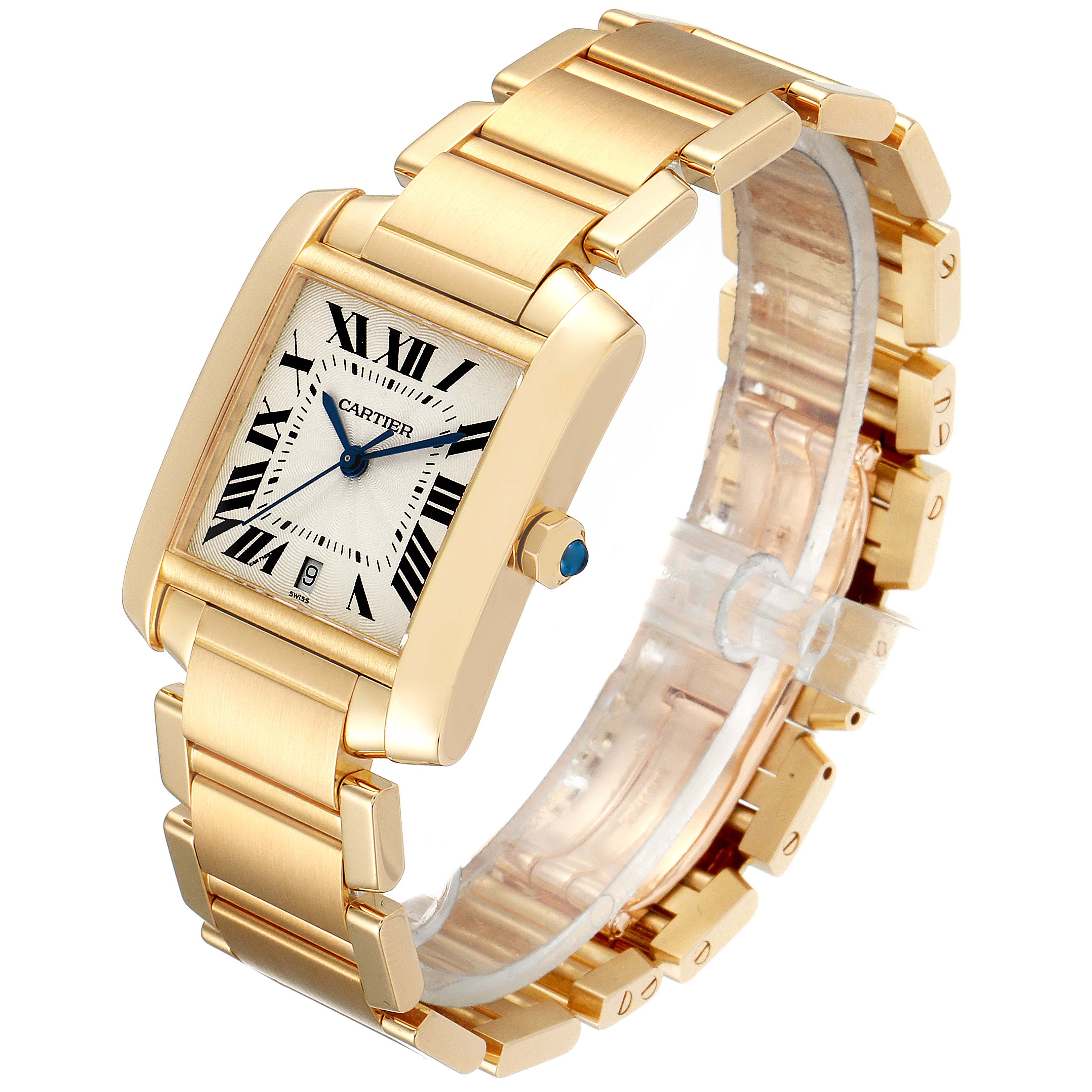The image shows a Cartier Tank Française watch at a three-quarter angle, highlighting its face, bracelet, and crown.