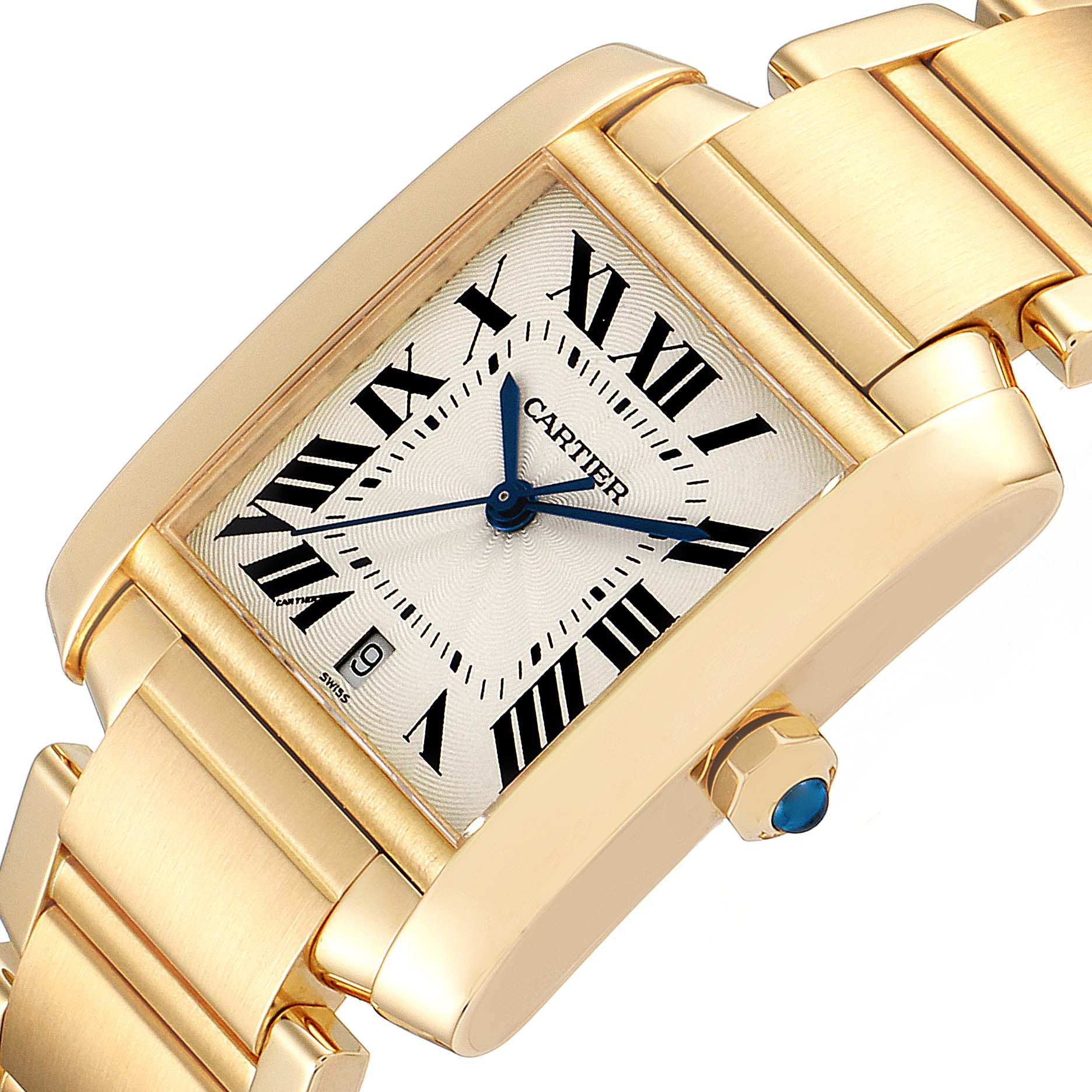 This image shows a close-up of the Cartier Tank Francaise W50001R2 Men's Yellow Gold Silver Dial W50001R2 Men's Yellow Gold Silver Dial watch, highlighting its face, bracelet, and crown with a blue cabochon.
