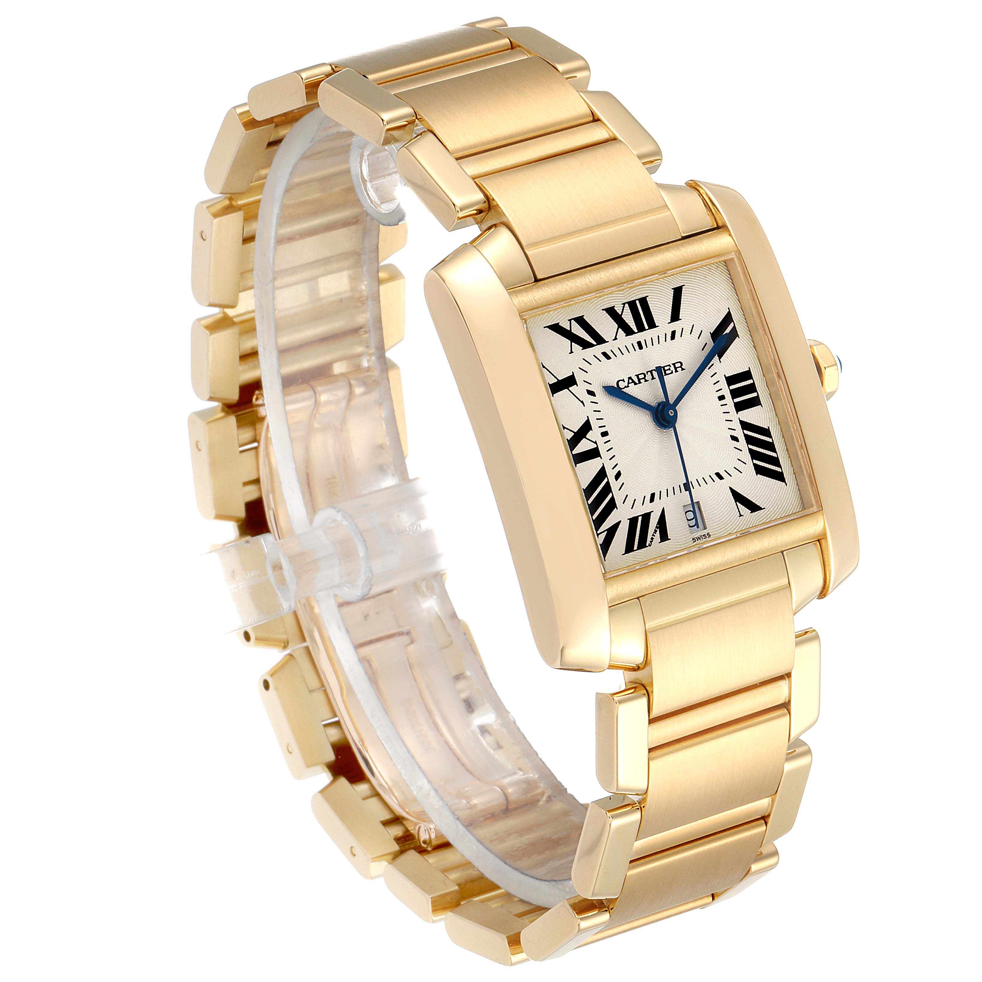 The Cartier Tank Francaise W50001R2 Men's Yellow Gold Silver Dial W50001R2 Men's Yellow Gold Silver Dial watch is shown at a three-quarter angle, displaying its gold bracelet and rectangular face.