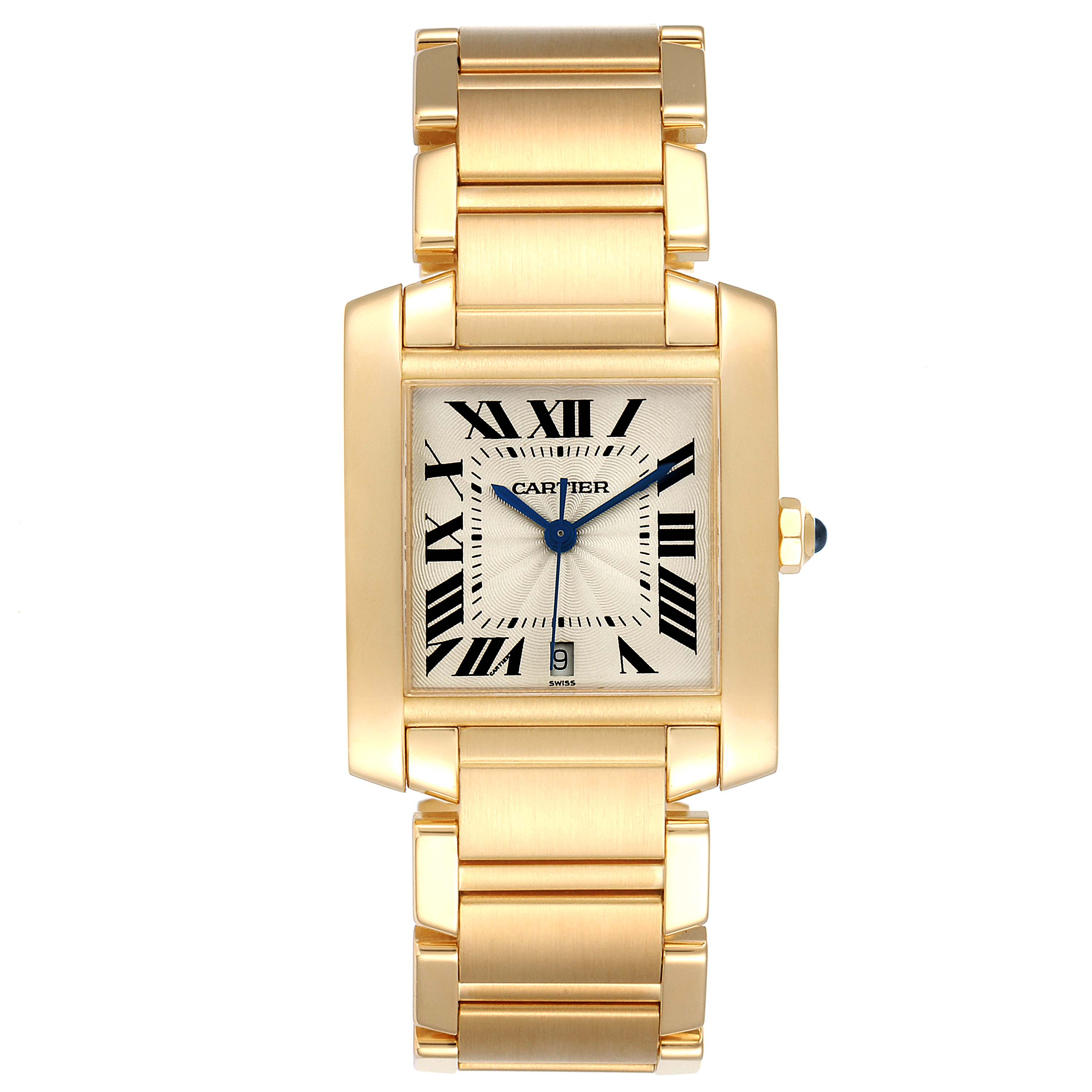 This image shows a front view of the Cartier Tank Francaise W50001R2 Men's Yellow Gold Silver Dial W50001R2 Men's Yellow Gold Silver Dial watch, highlighting its face and gold bracelet.
