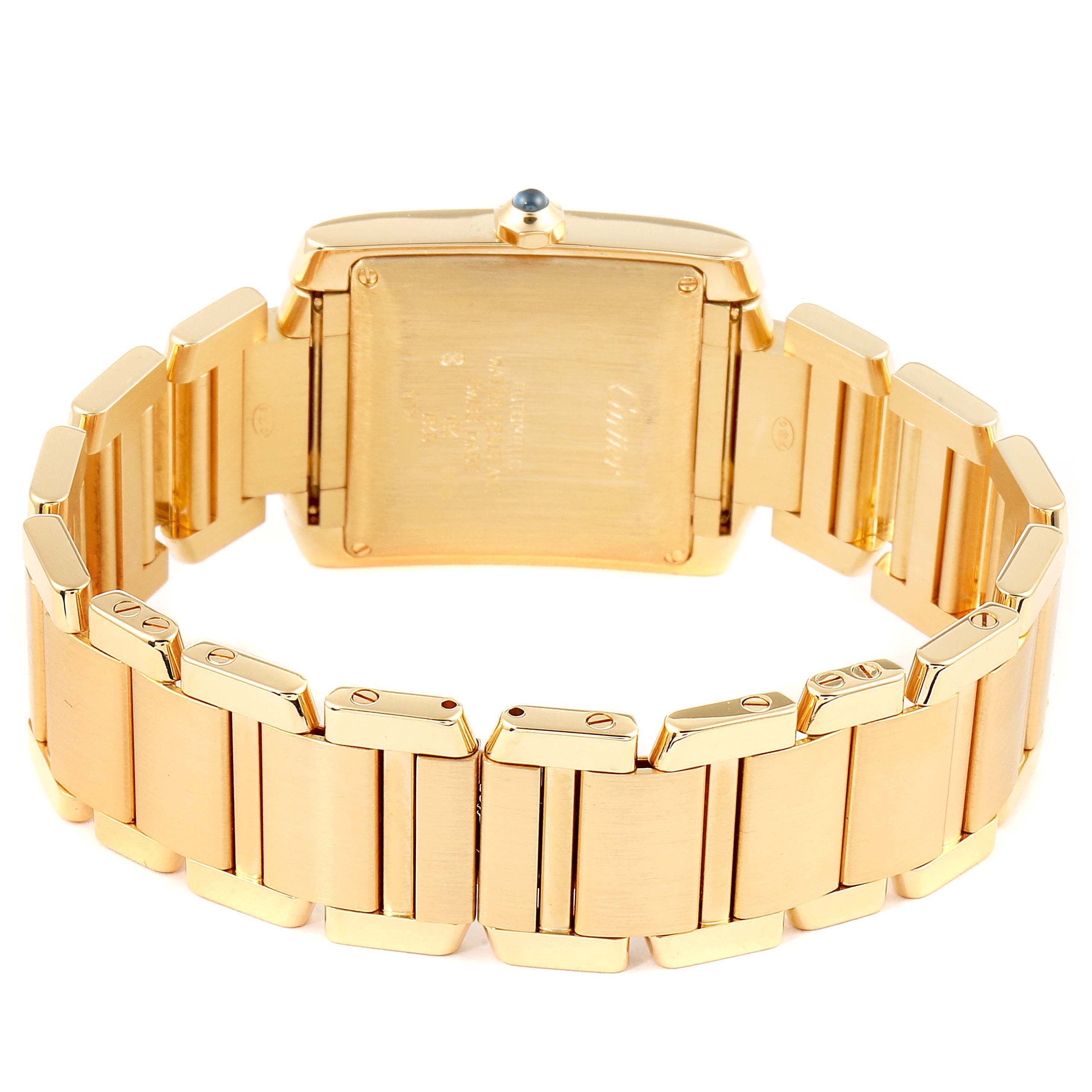 This image shows the back and bracelet of a Cartier Tank Française watch, highlighting its gold finish and clasp mechanism.
