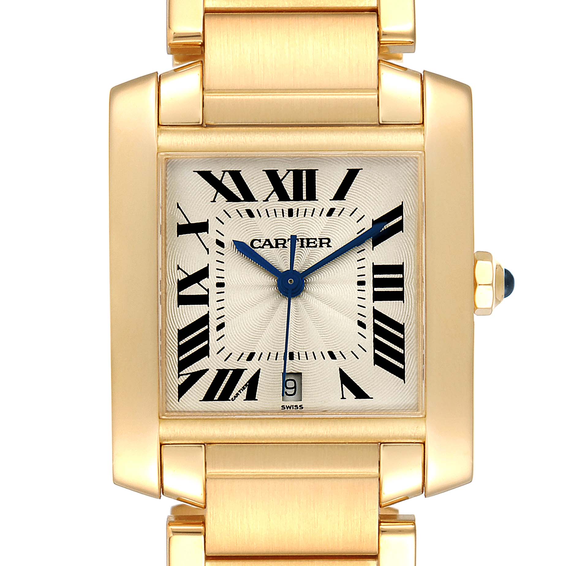 This image shows a close-up frontal view of the dial, bracelet, and crown of the Cartier Tank Française watch.