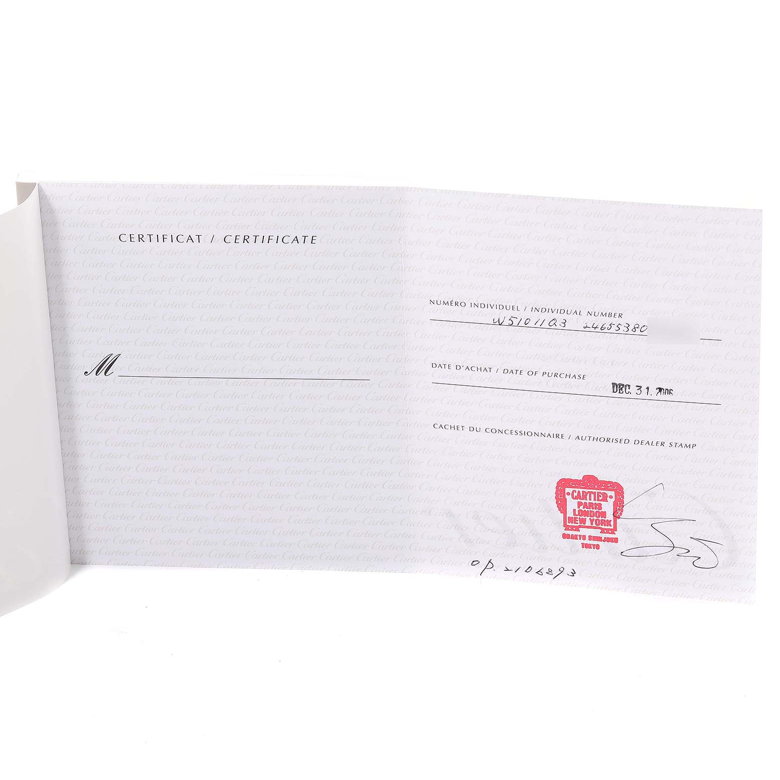 The image displays an open certificate with details for the Tank Francaise model by Cartier, including the date of purchase and dealer stamp.