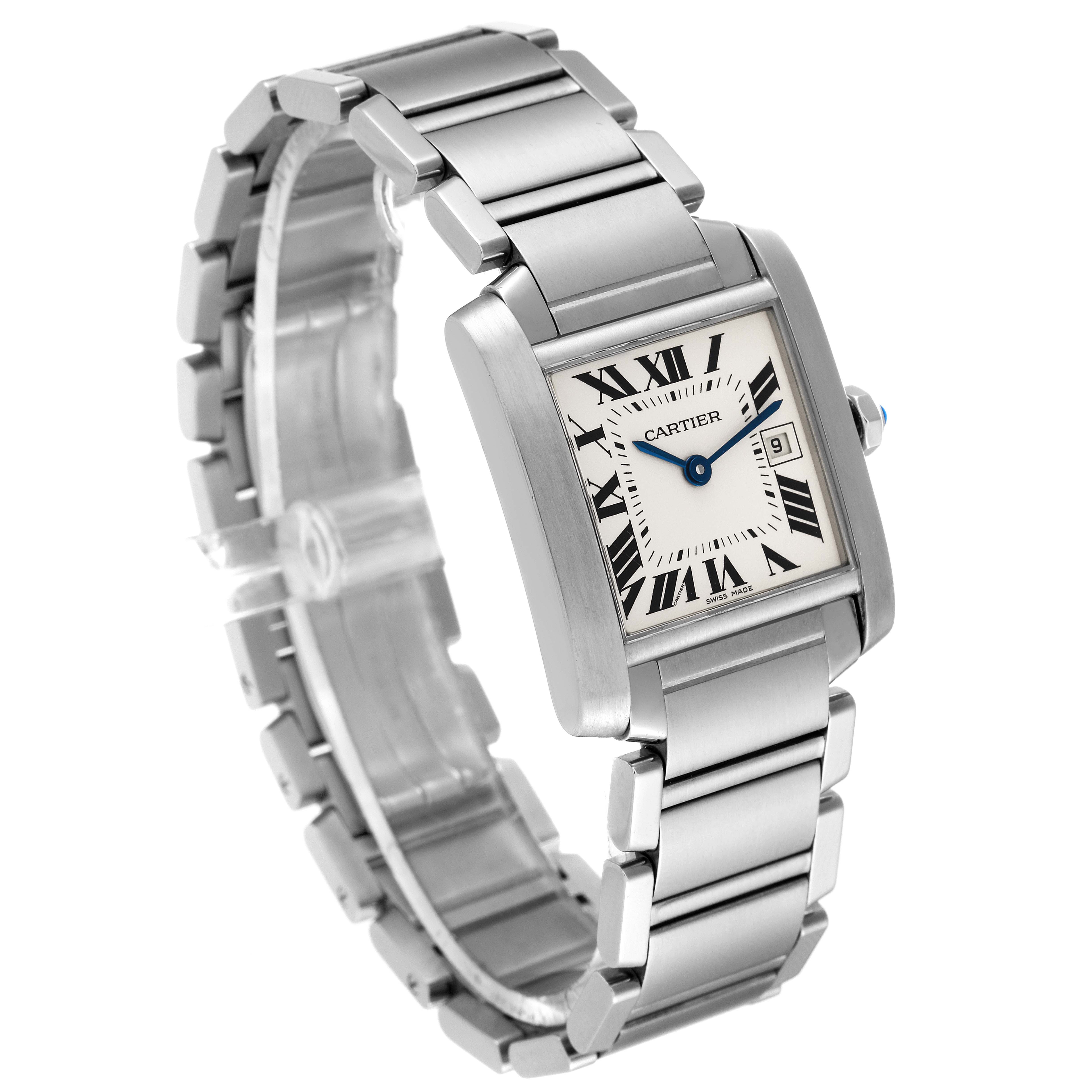 This image shows a Tank Française by Cartier from a three-quarter angle, highlighting its bracelet, square dial, and crown.