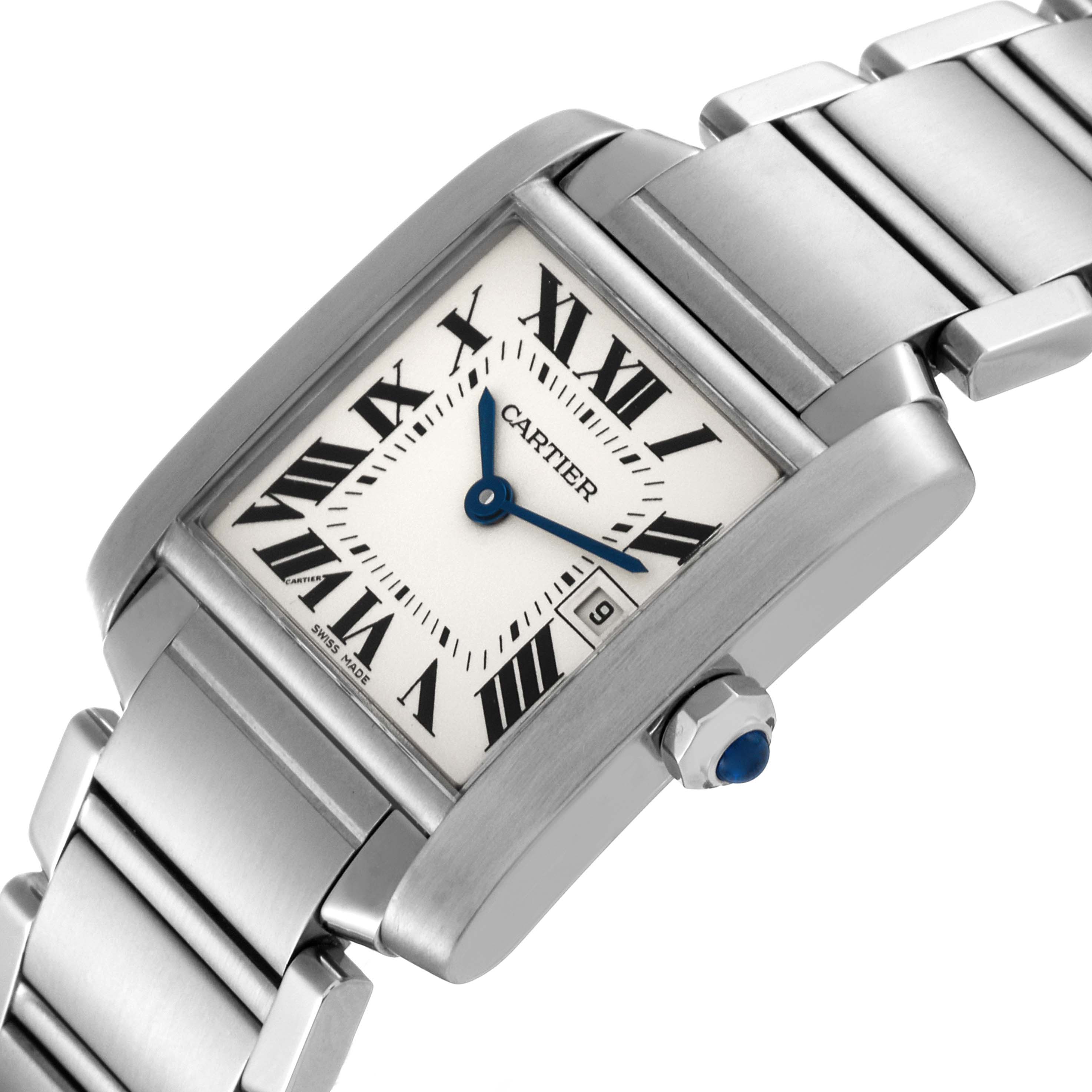 The image shows a close-up, angled view of a Cartier Tank Française watch, highlighting its dial, case, bracelet, and date window.