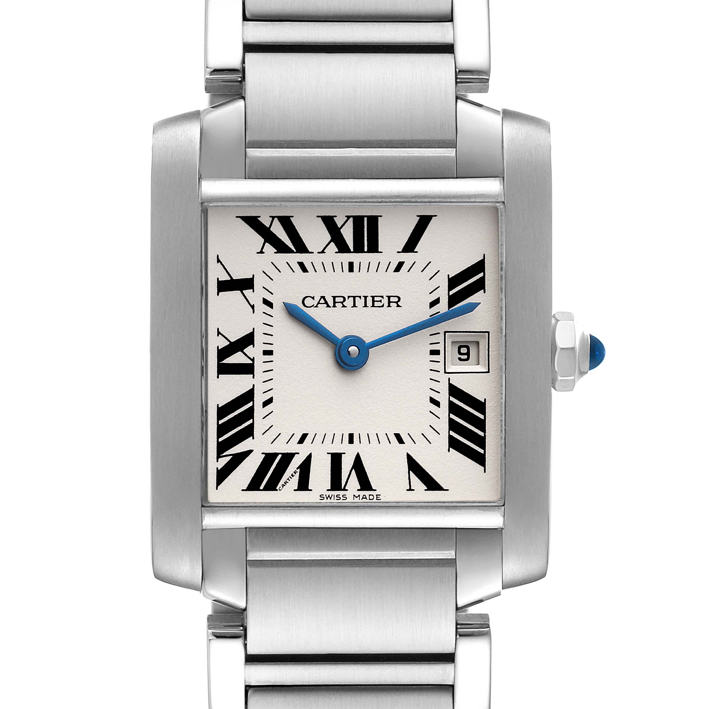 The image shows a front view of the Cartier Tank Francaise W51011Q3 Women's Stainless Steel Silver Dial W51011Q3 Women's Stainless Steel Silver Dial watch, highlighting its dial, case, and part of the bracelet.