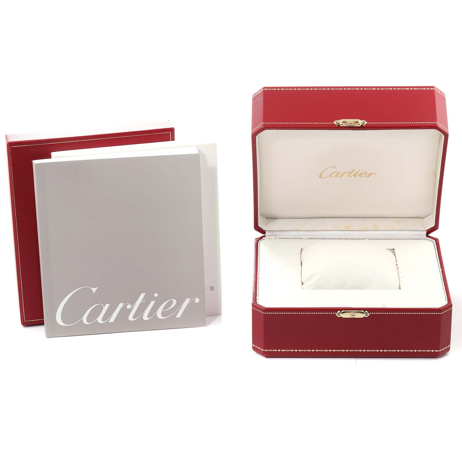 The image shows the packaging and manual of the Cartier Tank Francaise W51011Q3 Women's Stainless Steel Silver Dial W51011Q3 Women's Stainless Steel Silver Dial watch, with the red watch box and accompanying booklet.