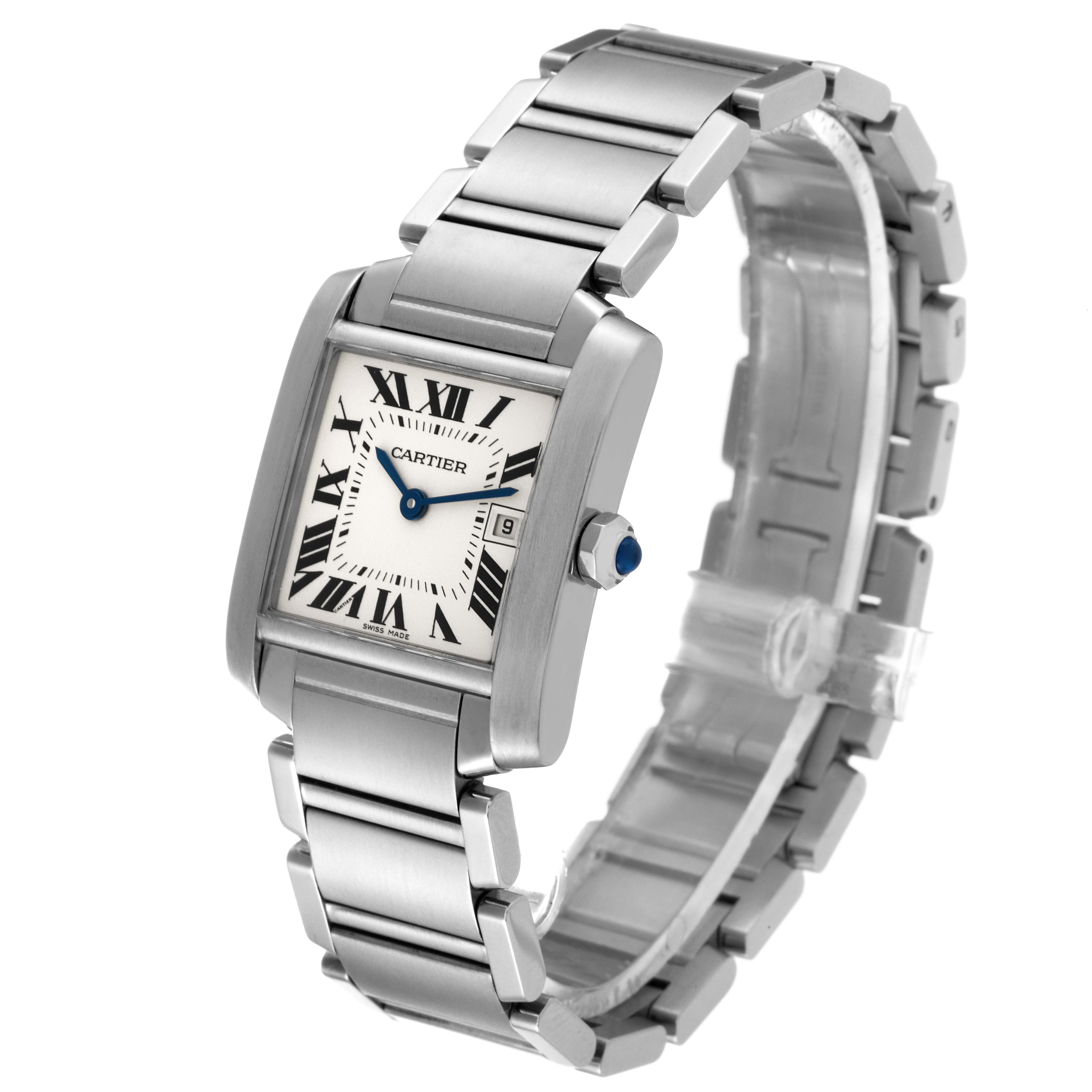 The Cartier Tank Francaise W51011Q3 Women's Stainless Steel Silver Dial W51011Q3 Women's Stainless Steel Silver Dial watch is shown at an angled three-quarters view showcasing its face, band, and side crown.