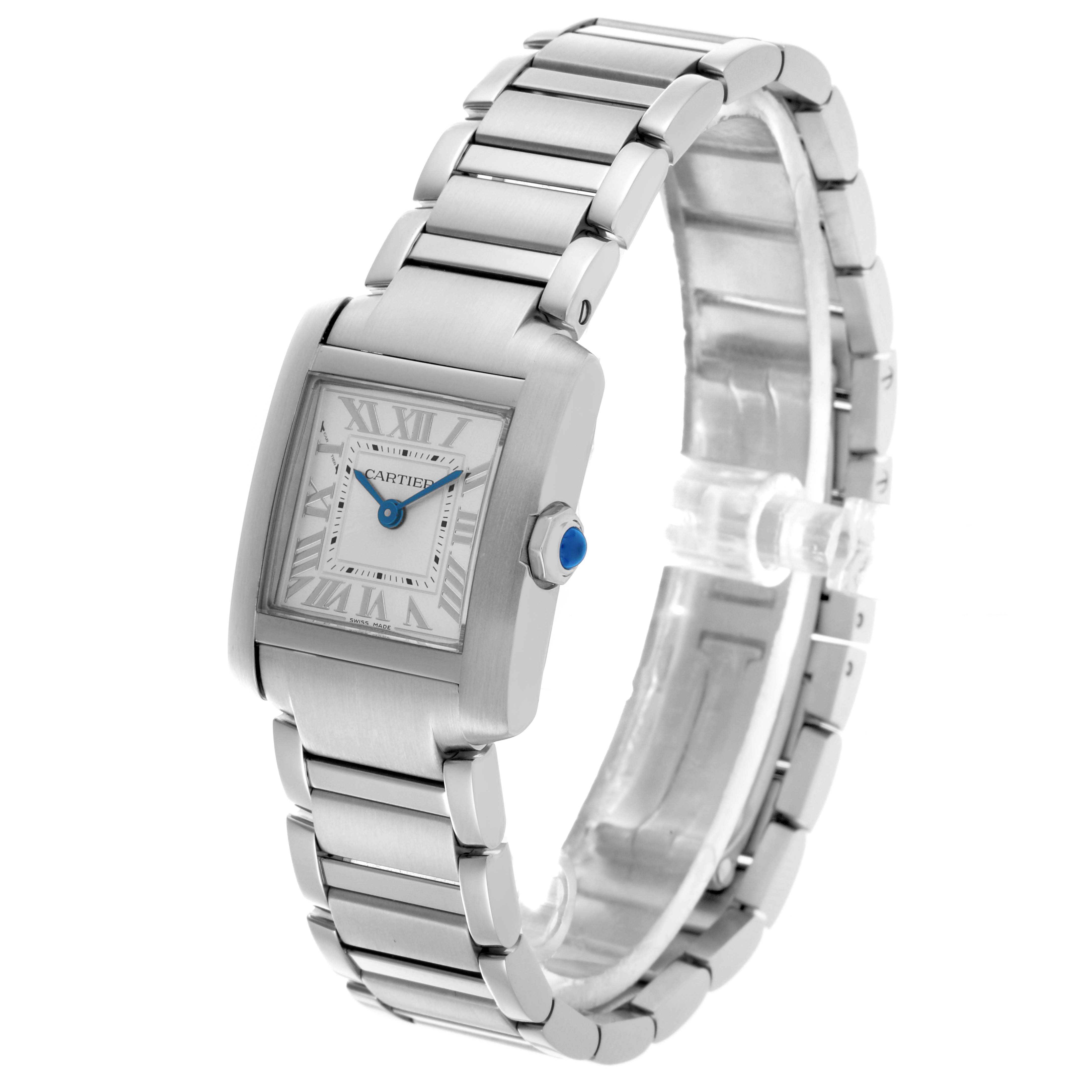 The Cartier Tank Française watch is shown at a slight angle, highlighting the dial, bracelet, and crown.
