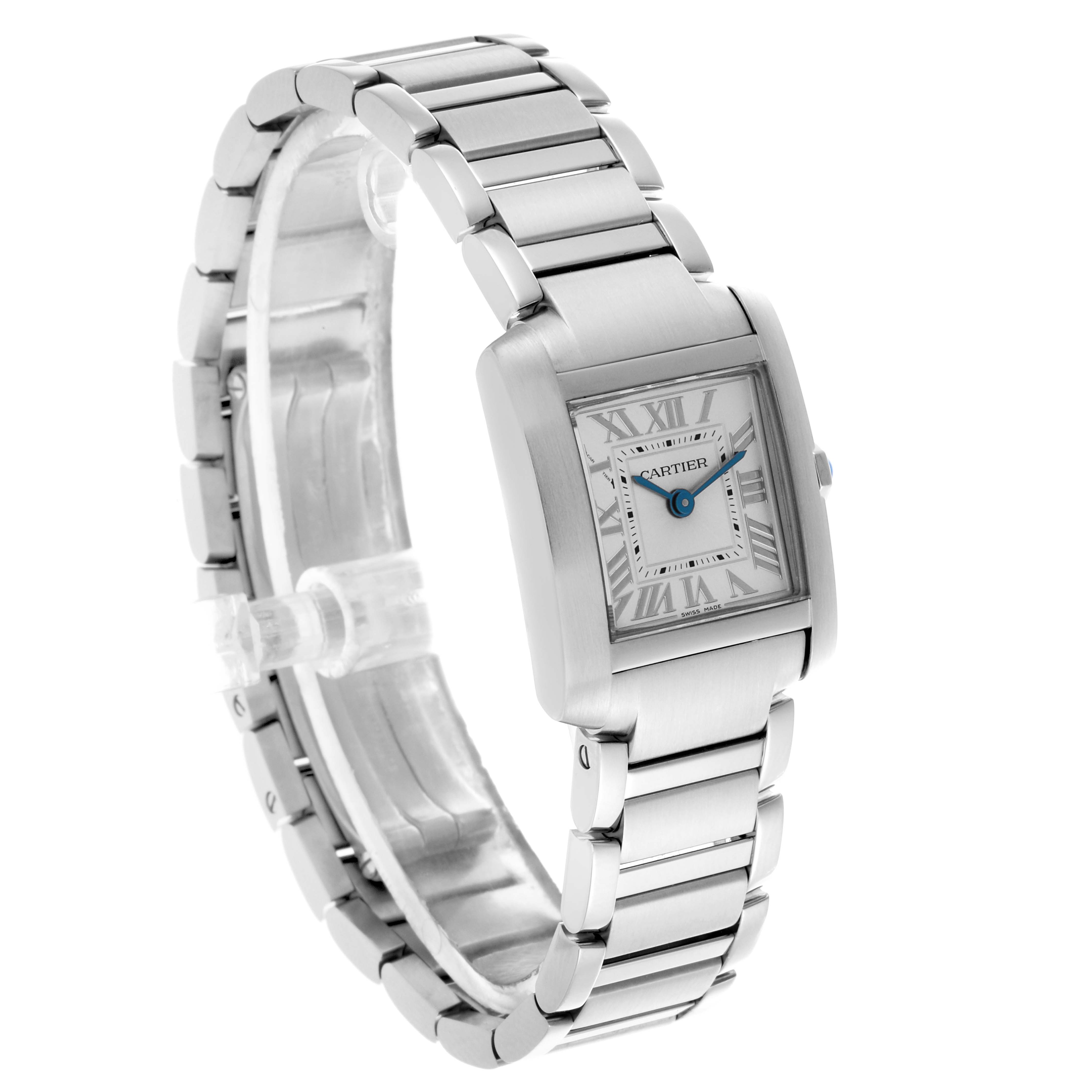 The Cartier Tank Française watch is shown at a three-quarter angle, highlighting its rectangular face and metal bracelet.