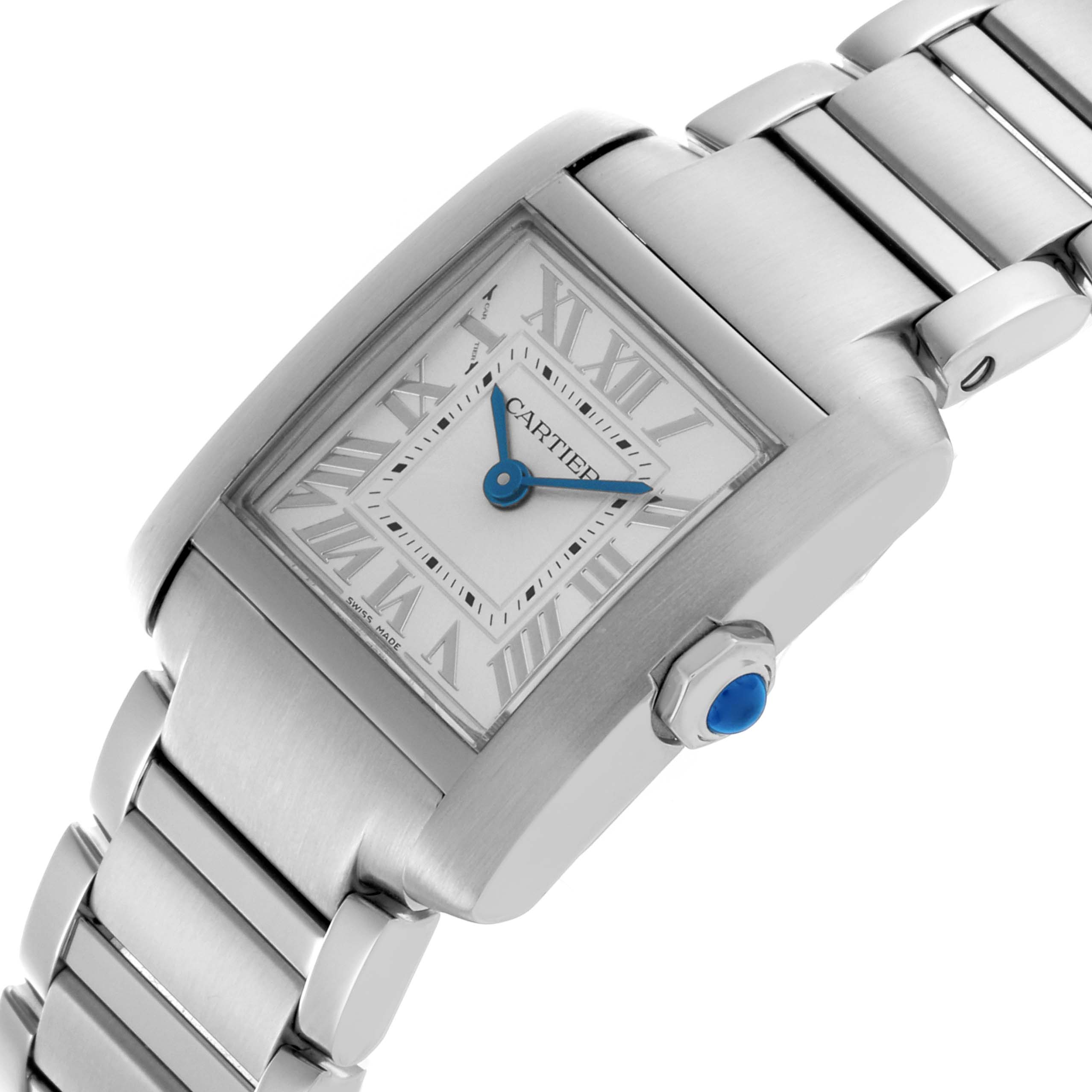 The Cartier Tank Francaise WSTA0065 Women's Stainless Steel Silver Dial WSTA0065 Women's Stainless Steel Silver Dial watch is shown from an angled side view, highlighting the face, crown, and strap.