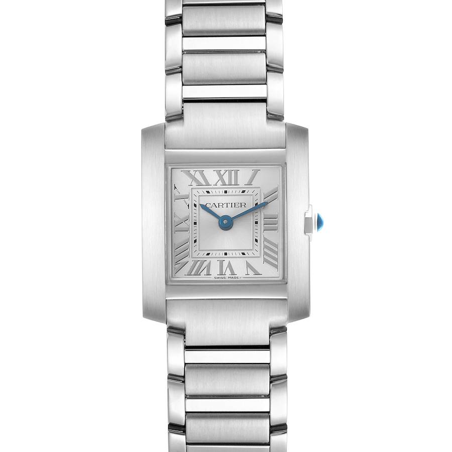 The Cartier Tank Française watch is shown in a frontal view, highlighting its rectangular face and metal bracelet.