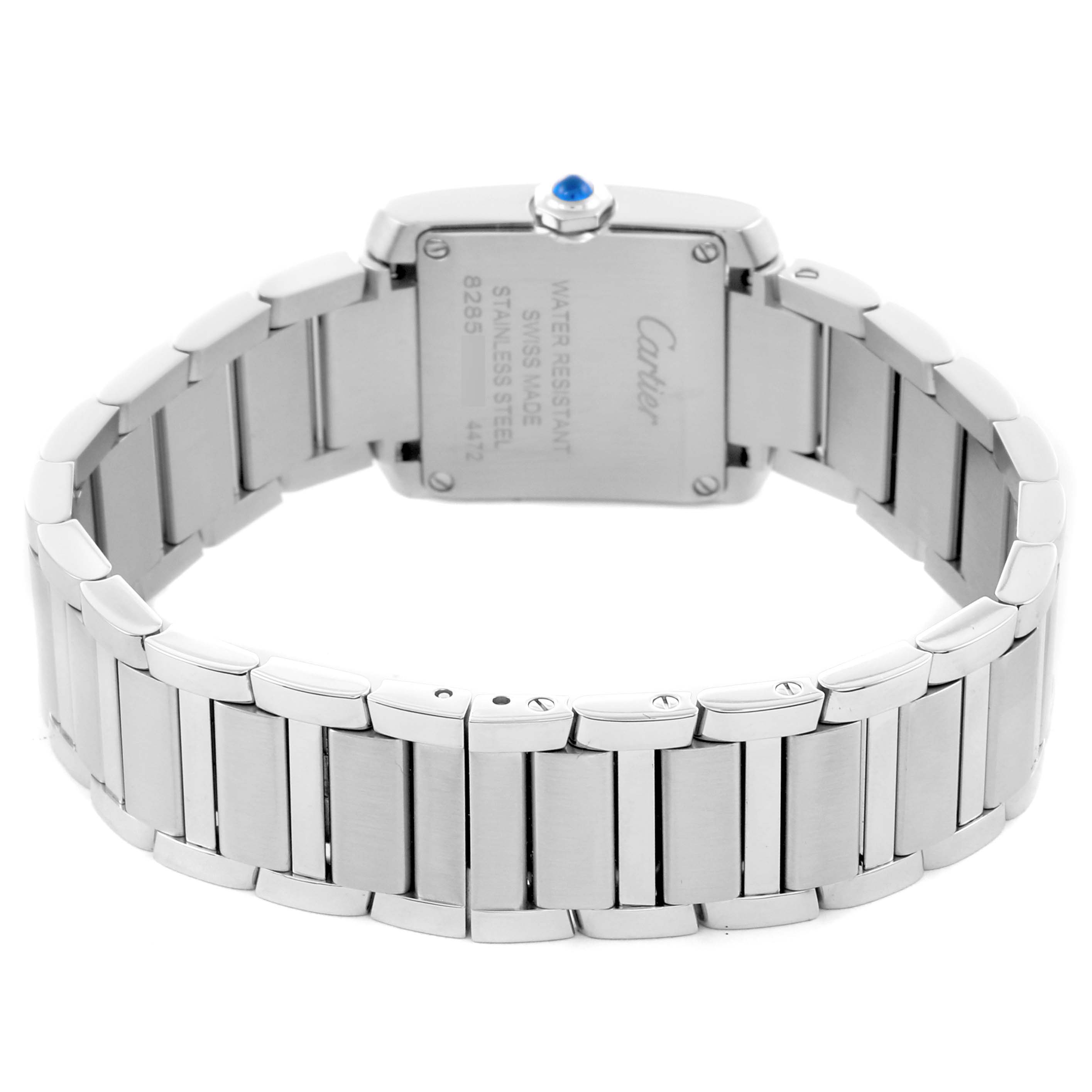 The Cartier Tank Francaise WSTA0065 Women's Stainless Steel Silver Dial WSTA0065 Women's Stainless Steel Silver Dial watch is shown from the back, highlighting the stainless steel bracelet and case.