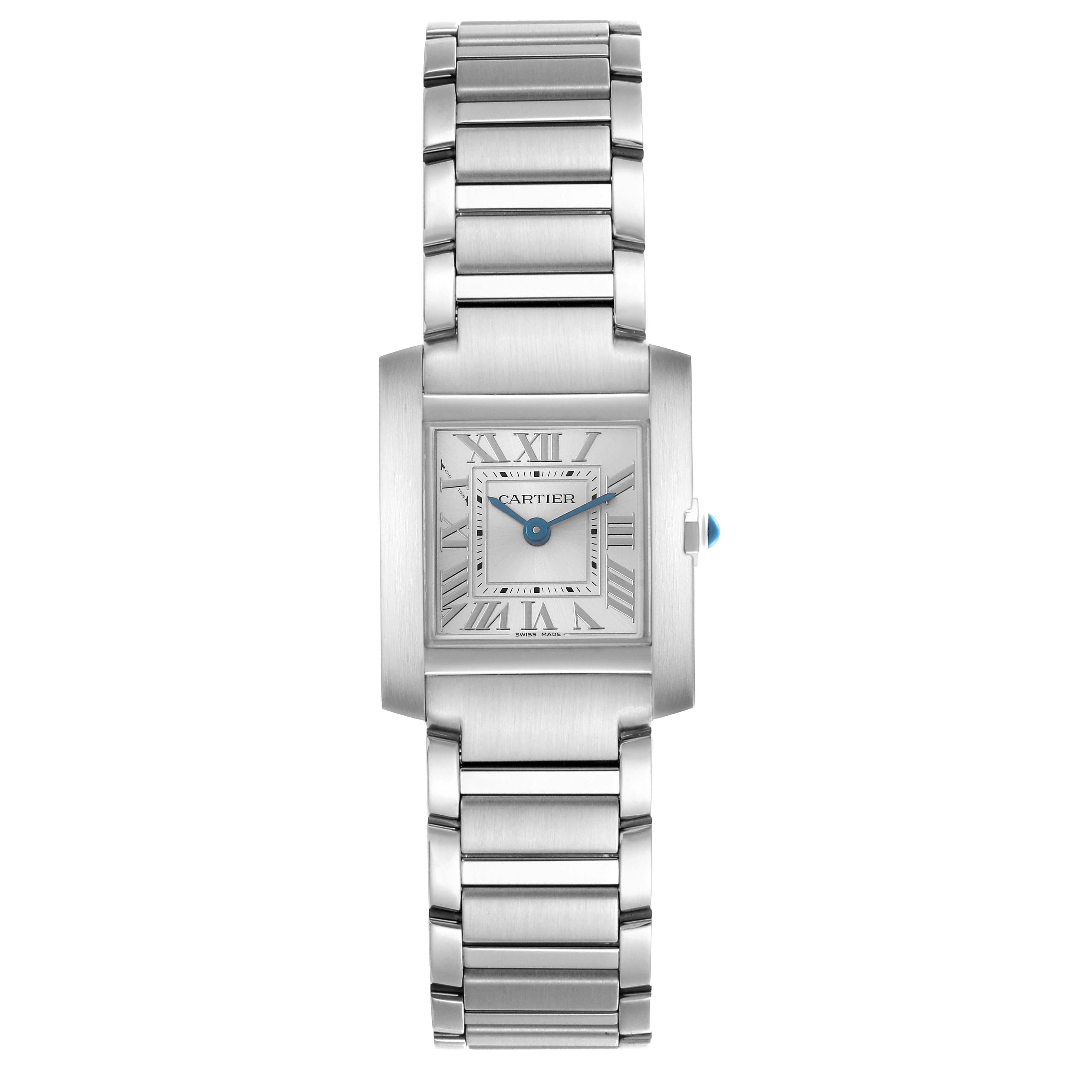The Cartier Tank Française watch is shown from a top-down angle, displaying its face and metal bracelet.