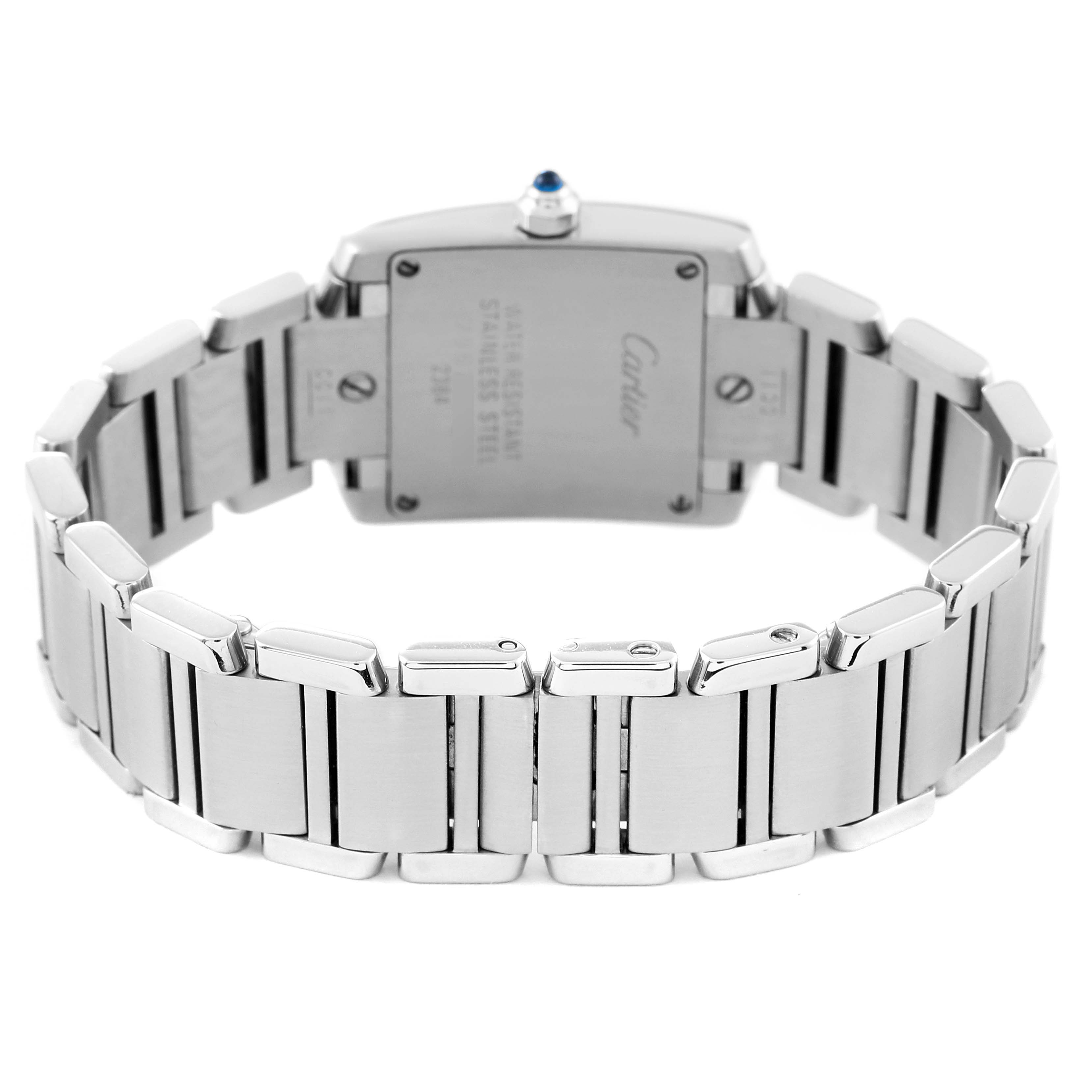 The back view of the Cartier Tank Francaise W51008Q3 Women's Stainless Steel Silver Dial W51008Q3 Women's Stainless Steel Silver Dial watch showcases its stainless steel bracelet and caseback.