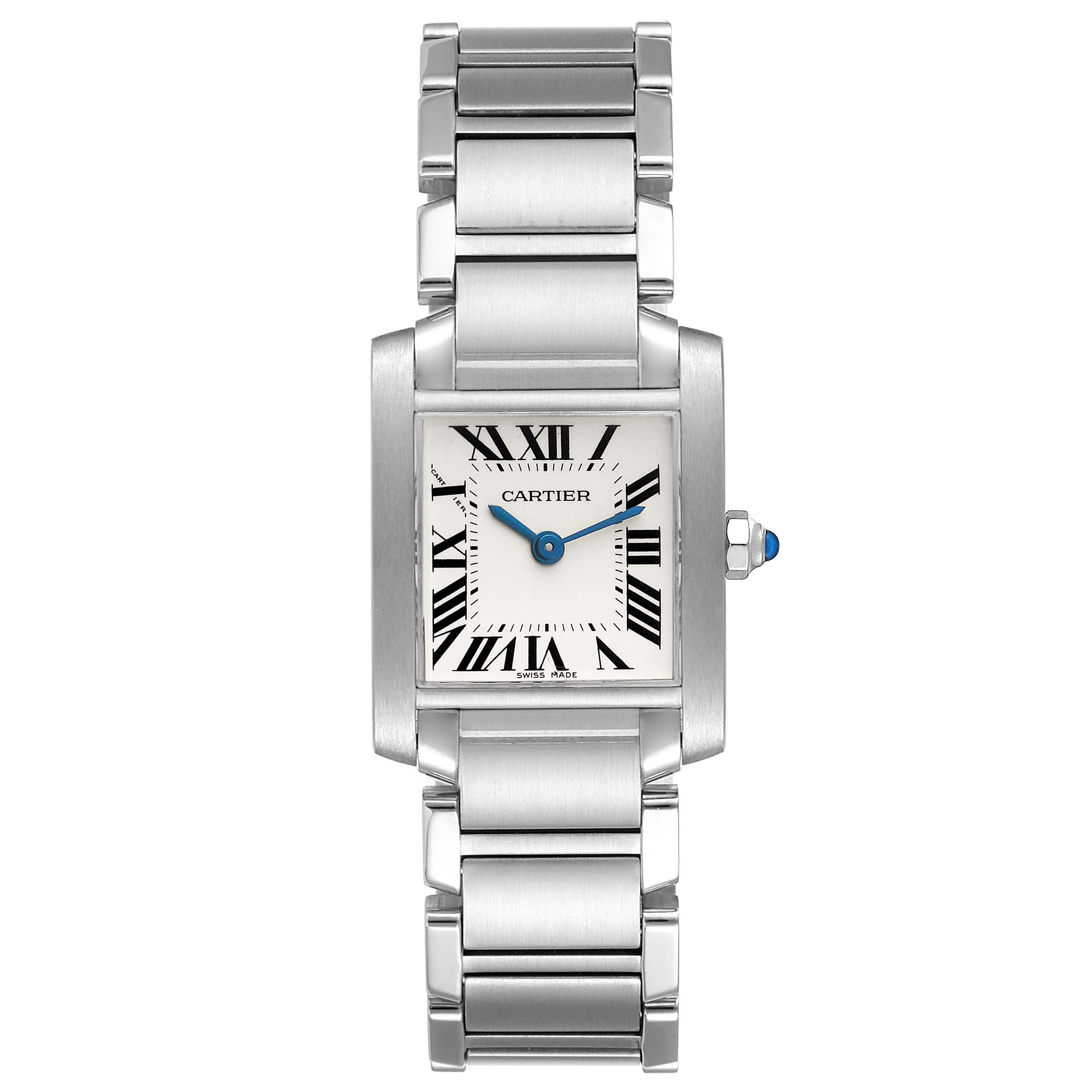 The image shows a frontal view of a Cartier Tank Francaise W51008Q3 Women's Stainless Steel Silver Dial W51008Q3 Women's Stainless Steel Silver Dial watch, highlighting its stainless steel case and bracelet.