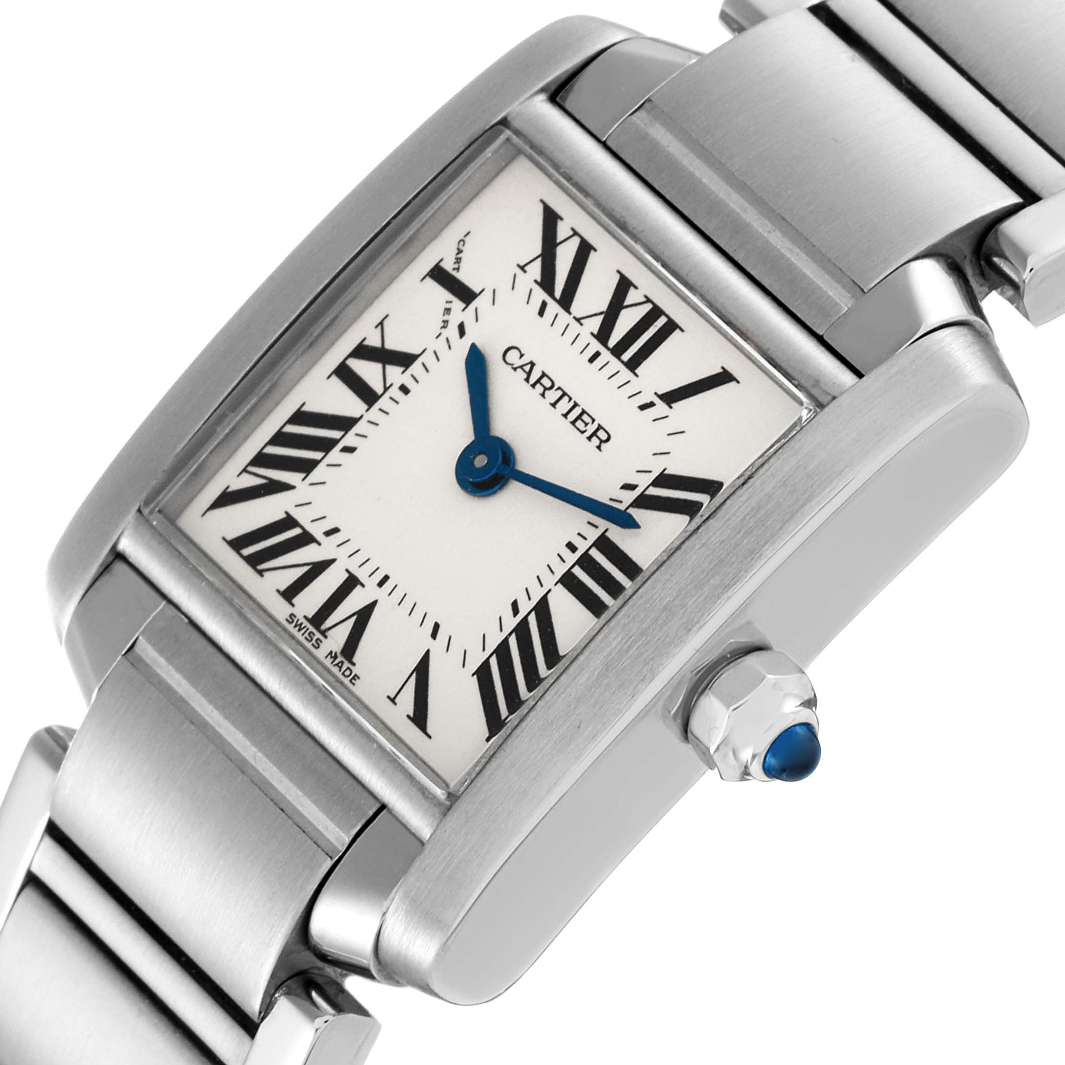 The image shows a close-up angle of the Cartier Tank Française watch dial, crown, and part of the bracelet.