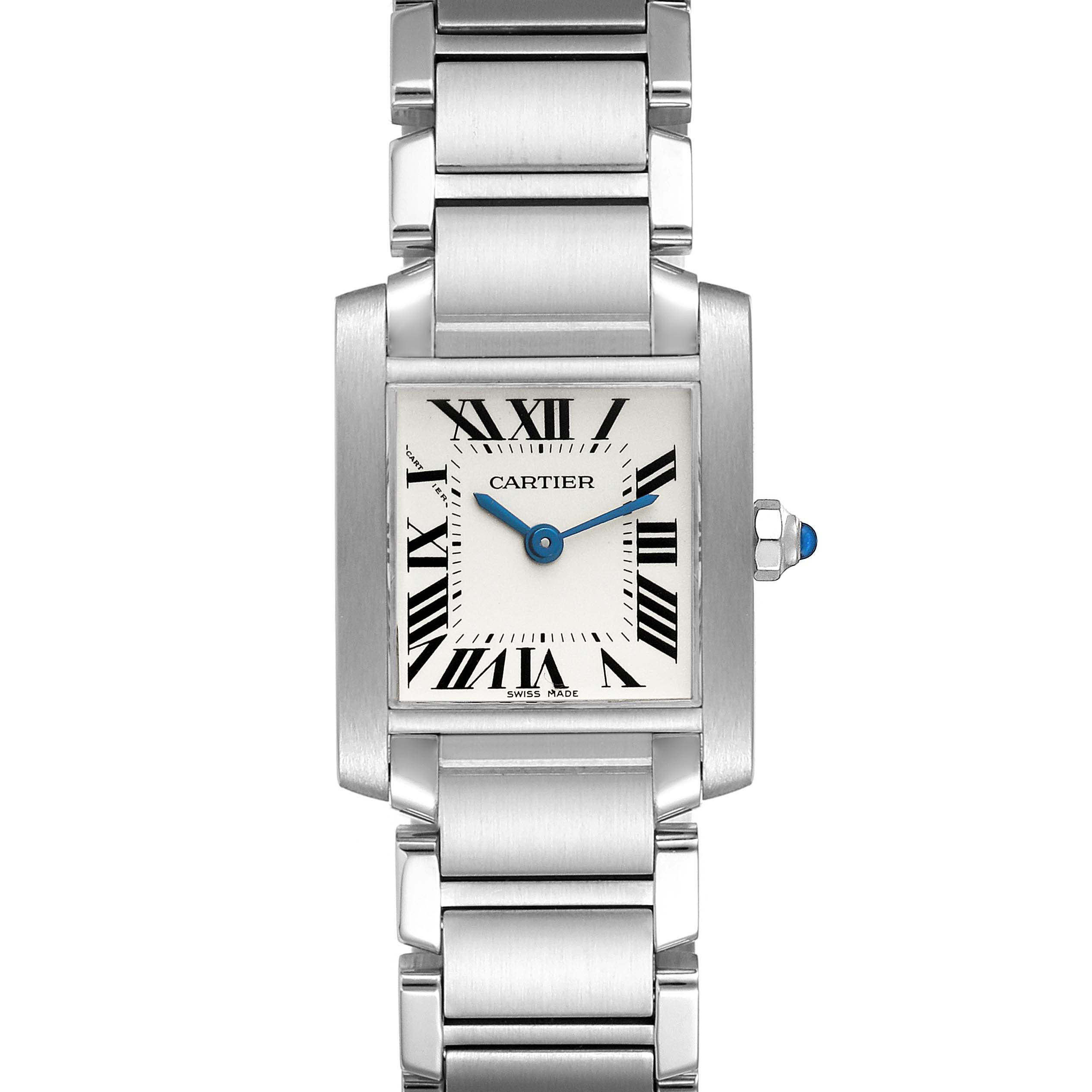 The image shows a frontal view of the Cartier Tank Française watch, highlighting its face, crown, and bracelet.