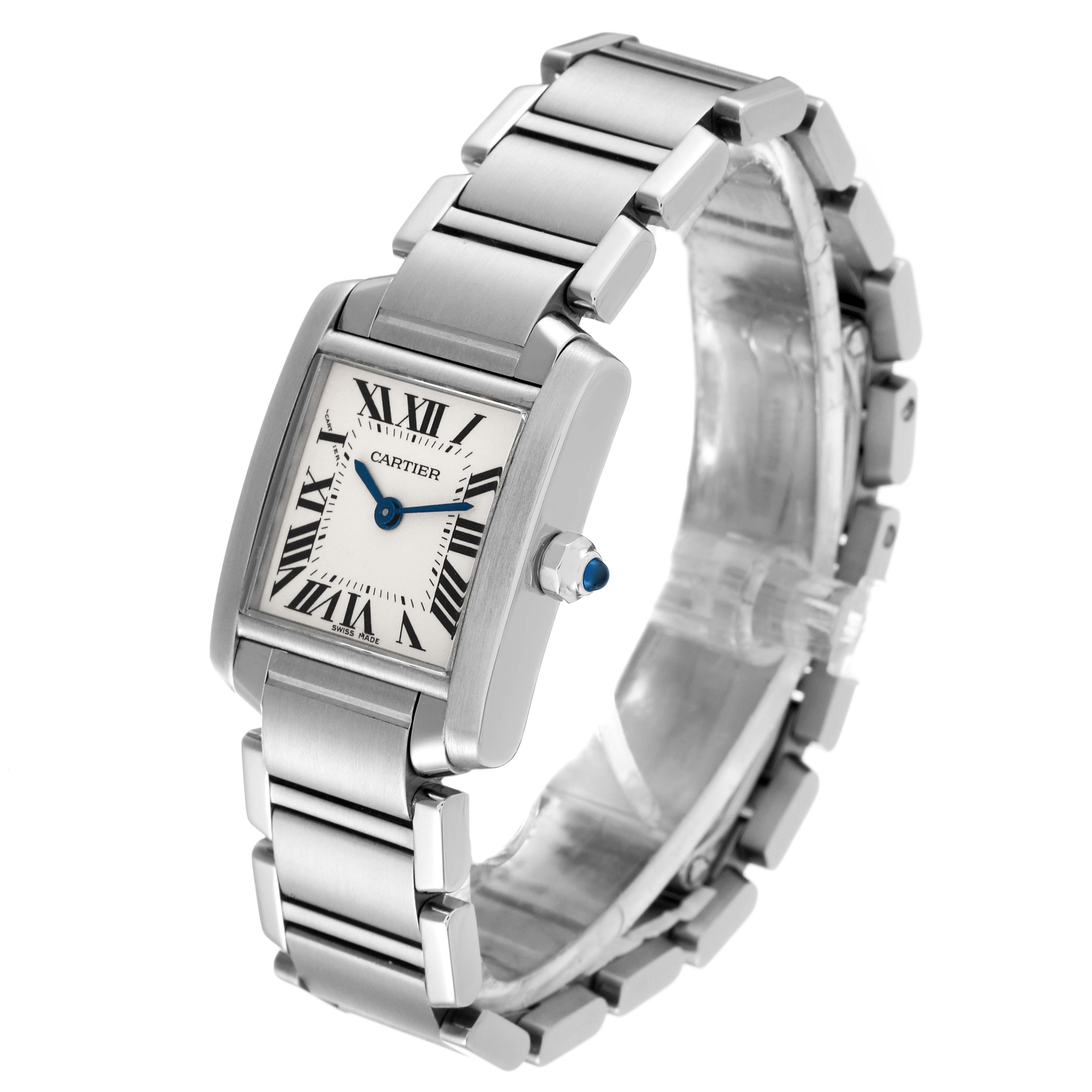 The image shows a Cartier Tank Francaise W51008Q3 Women's Stainless Steel Silver Dial W51008Q3 Women's Stainless Steel Silver Dial watch from a front-side angle, highlighting its bracelet and dial.