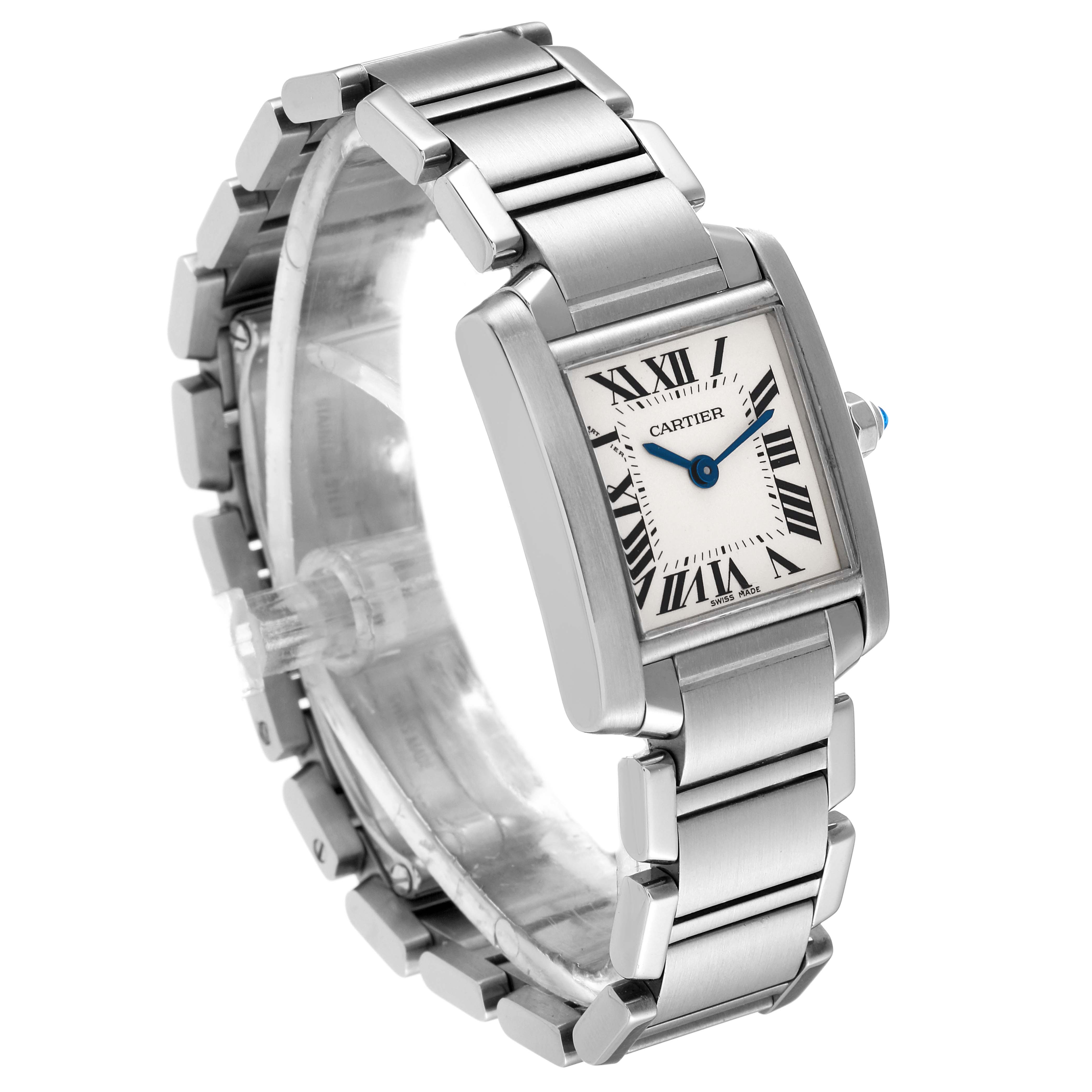 The Cartier Tank Francaise W51008Q3 Women's Stainless Steel Silver Dial W51008Q3 Women's Stainless Steel Silver Dial watch is shown from an angled perspective, highlighting its face, band, and casing.