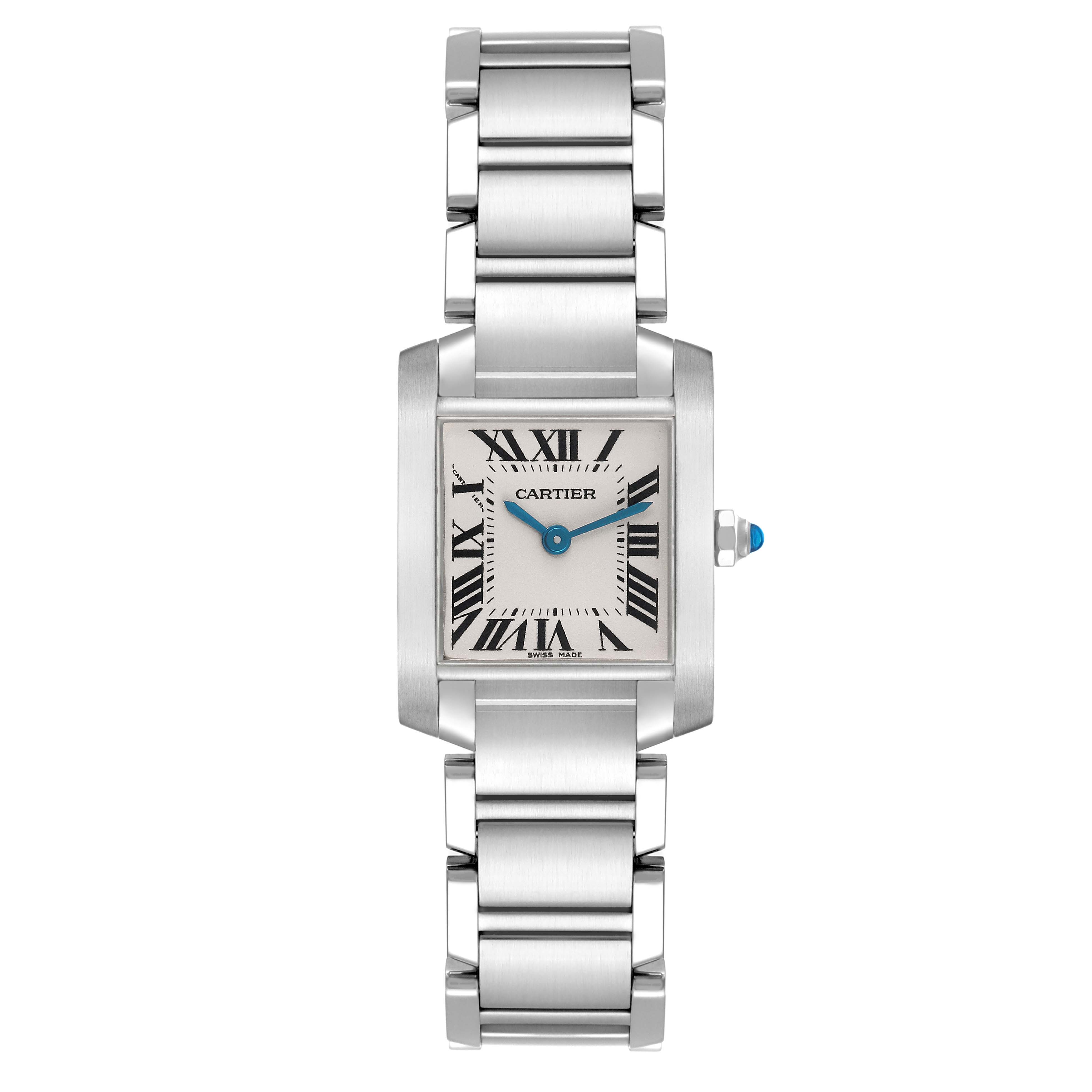 The Cartier Tank Francaise W51008Q3 Women's Stainless Steel Silver Dial W51008Q3 Women's Stainless Steel Silver Dial watch is shown from a straight-on angle, highlighting the face, bracelet, and crown.
