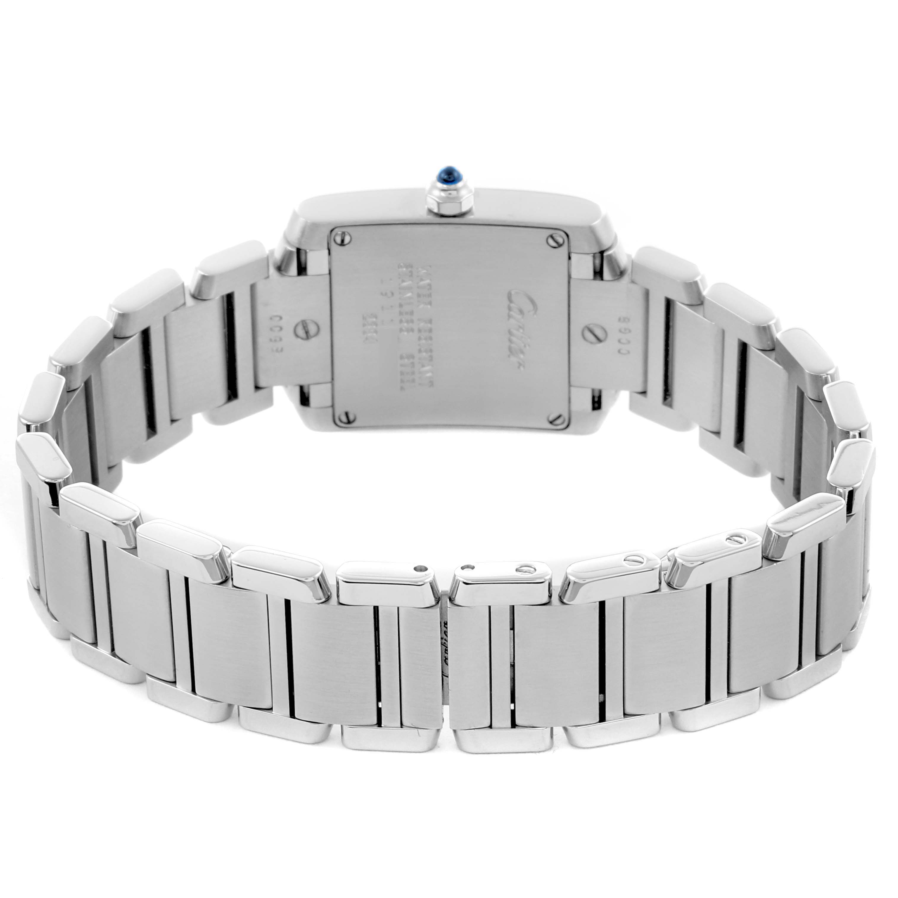 The image shows the backside and bracelet of a Cartier Tank Française watch, highlighting the case back and stainless steel links.