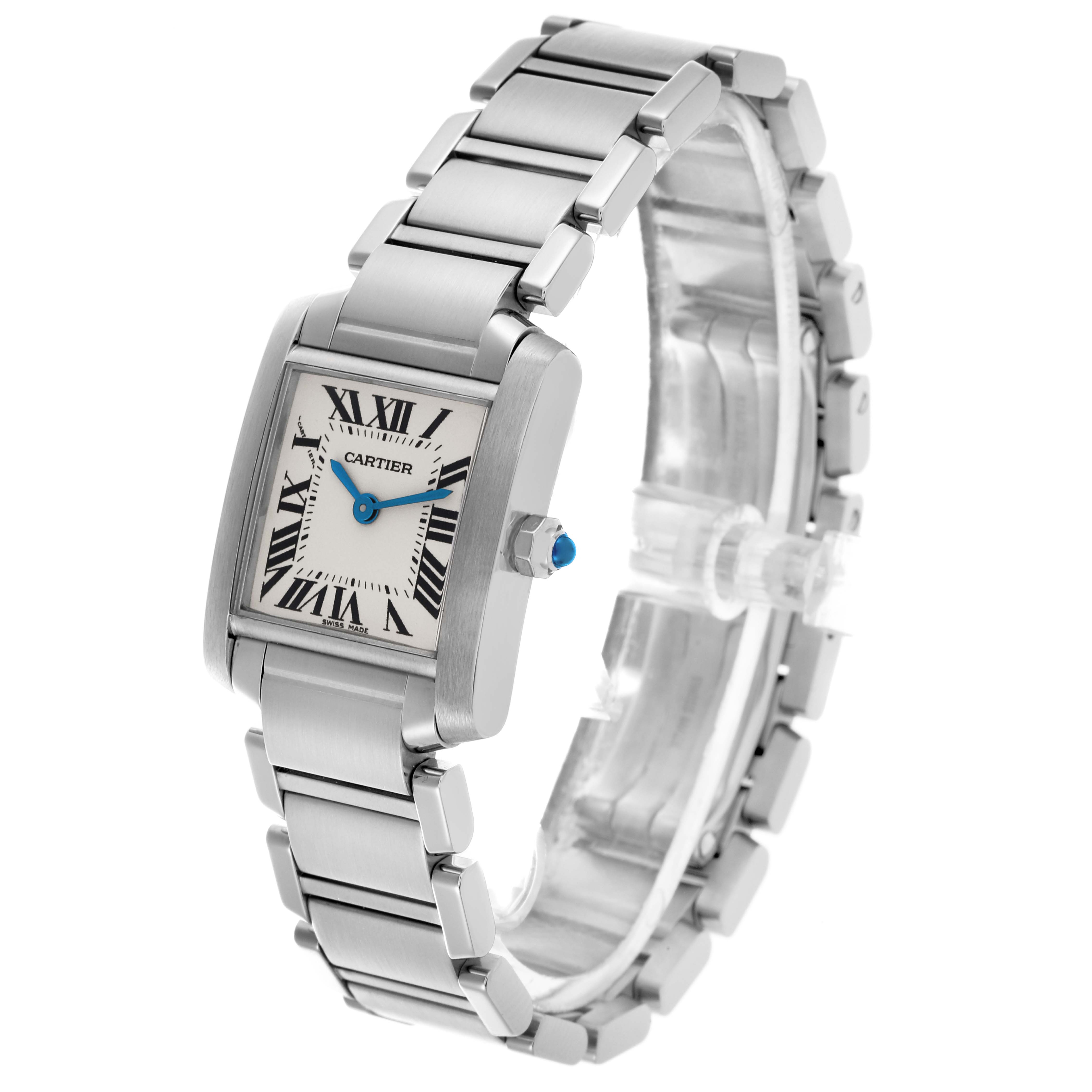 The Cartier Tank Française watch is shown at a 3/4 angle, highlighting the face, bracelet, and crown.