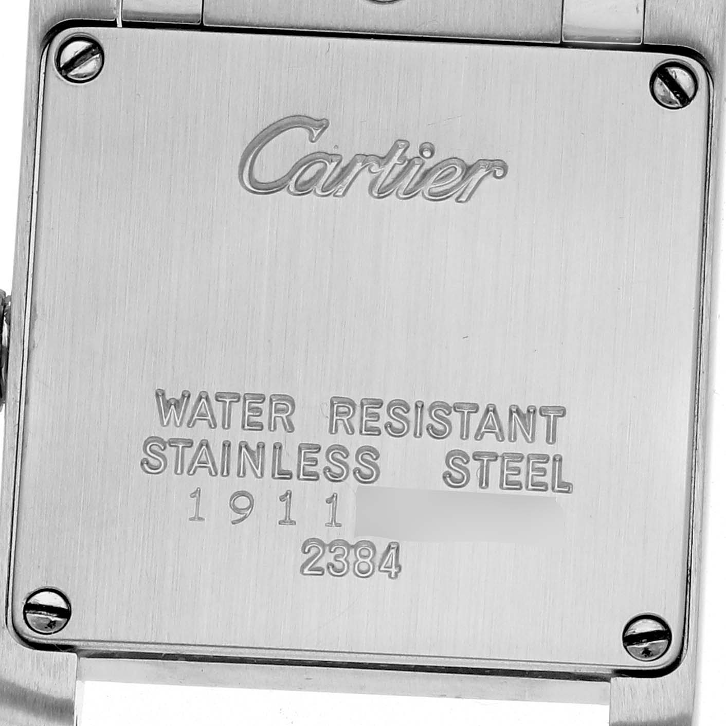 The image shows the back case of a Cartier Tank Française watch, highlighting its stainless steel and water-resistant features.