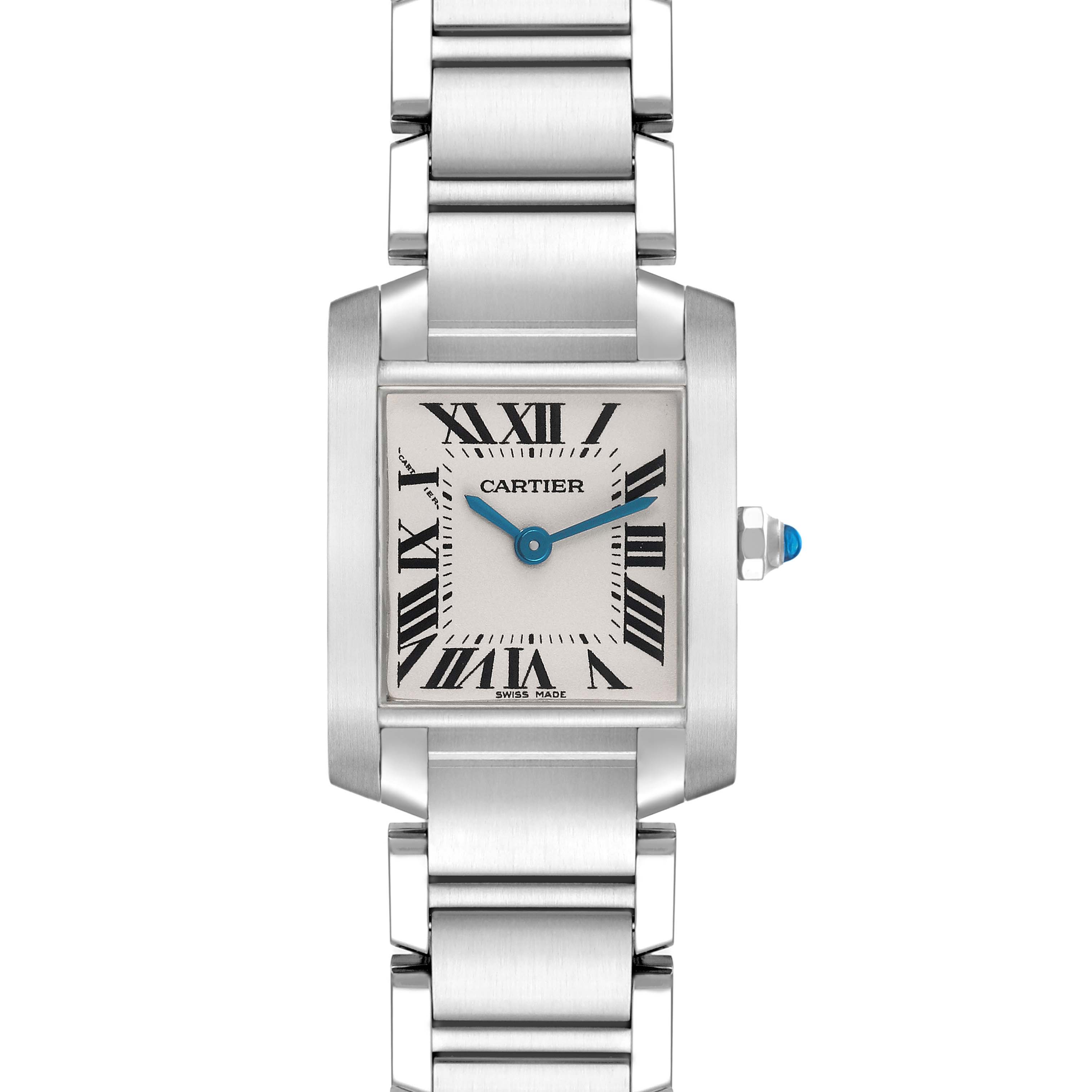The Cartier Tank Francaise W51008Q3 Women's Stainless Steel Silver Dial W51008Q3 Women's Stainless Steel Silver Dial watch is shown from the front, displaying the face, Roman numerals, and metal bracelet.