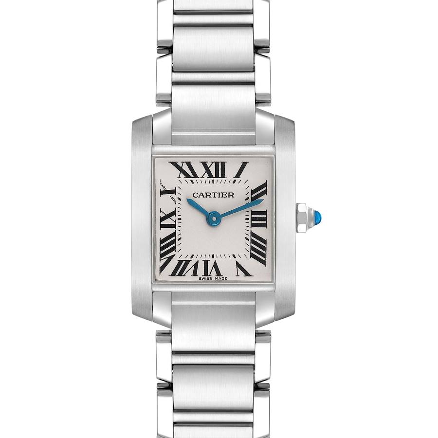 The Cartier Tank Francaise watch is shown from the front, displaying the face, Roman numerals, and metal bracelet.