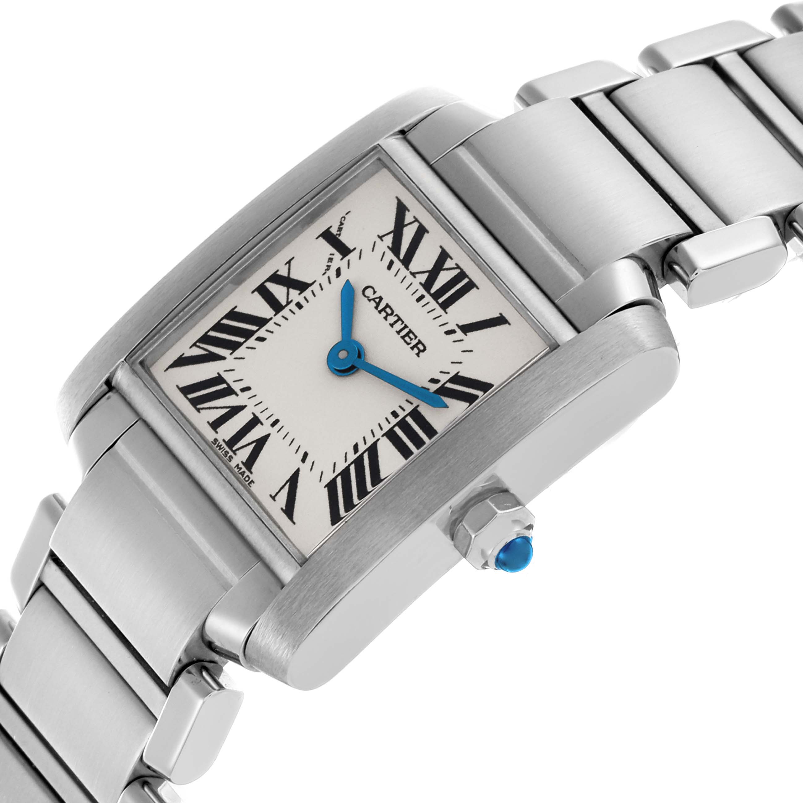 The Cartier Tank Francaise W51008Q3 Women's Stainless Steel Silver Dial W51008Q3 Women's Stainless Steel Silver Dial watch is shown at a slight angle, displaying the face, bracelet, and crown with its blue cabochon.