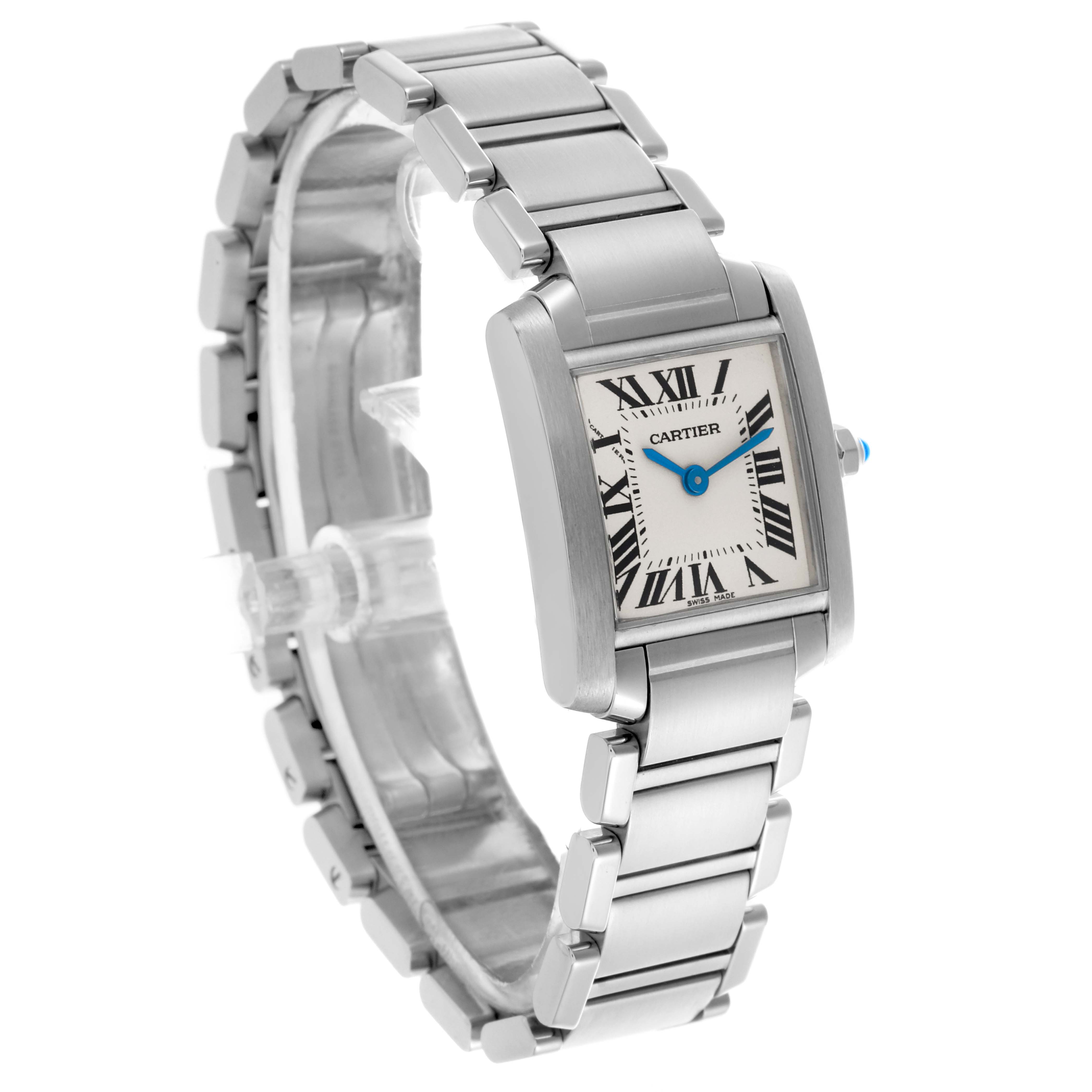 The Cartier Tank Française watch is shown at a three-quarter angle highlighting the face, bezel, and bracelet.