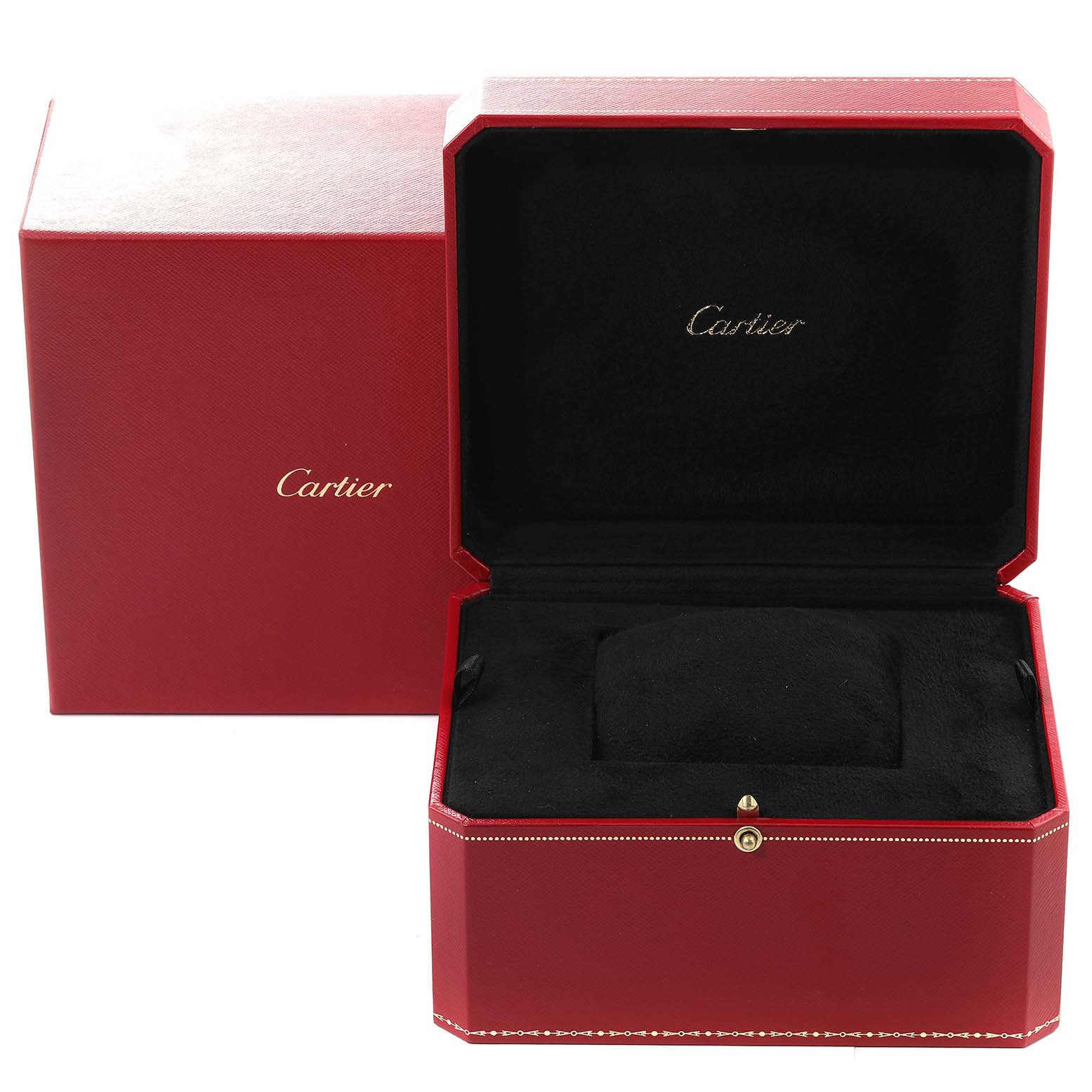 The image shows an open Cartier watch box for the Tank Francaise model, with the exterior and interior visible.