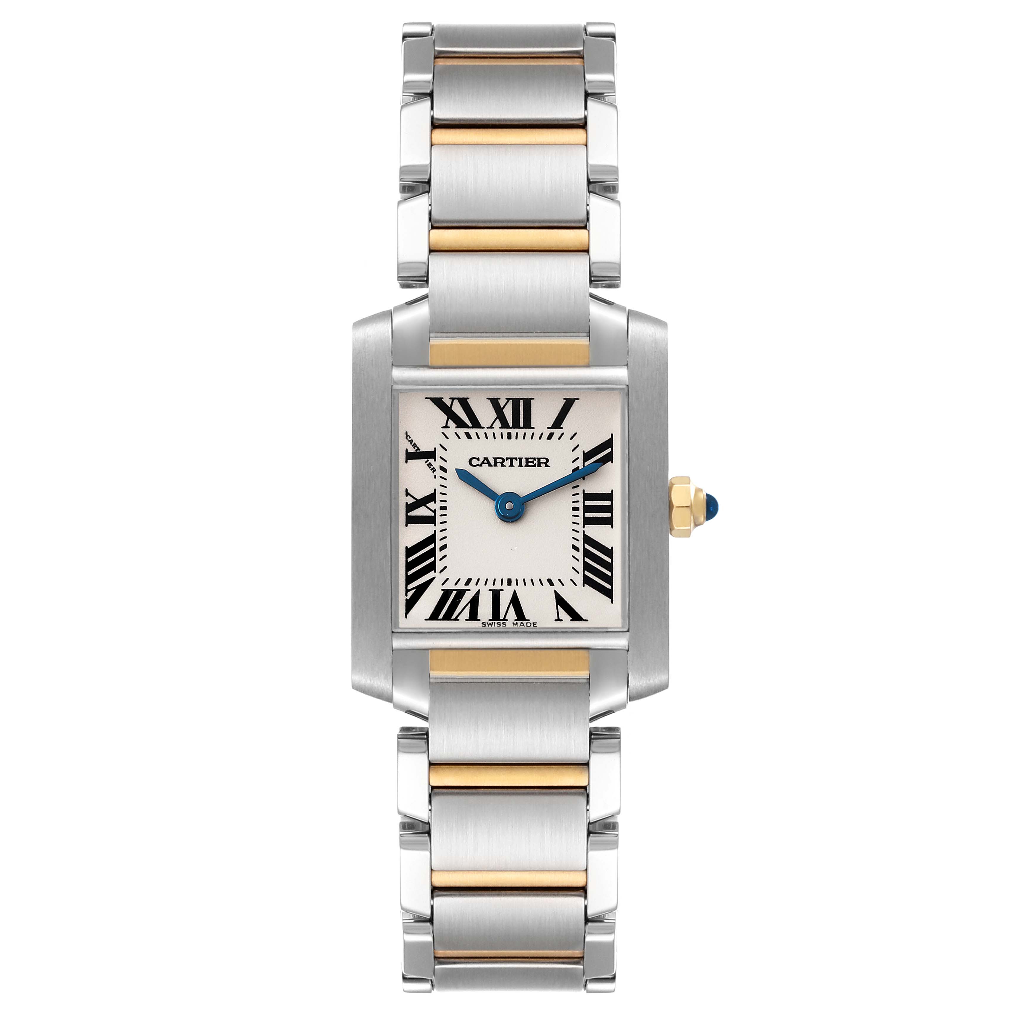 The image shows a full front view of the Cartier Tank Francaise W51007Q4 Women's Steel and Gold (two tone) Silver Dial W51007Q4 Women's Steel and Gold (two tone) Silver Dial watch, featuring its face, bezel, and mixed metal bracelet.