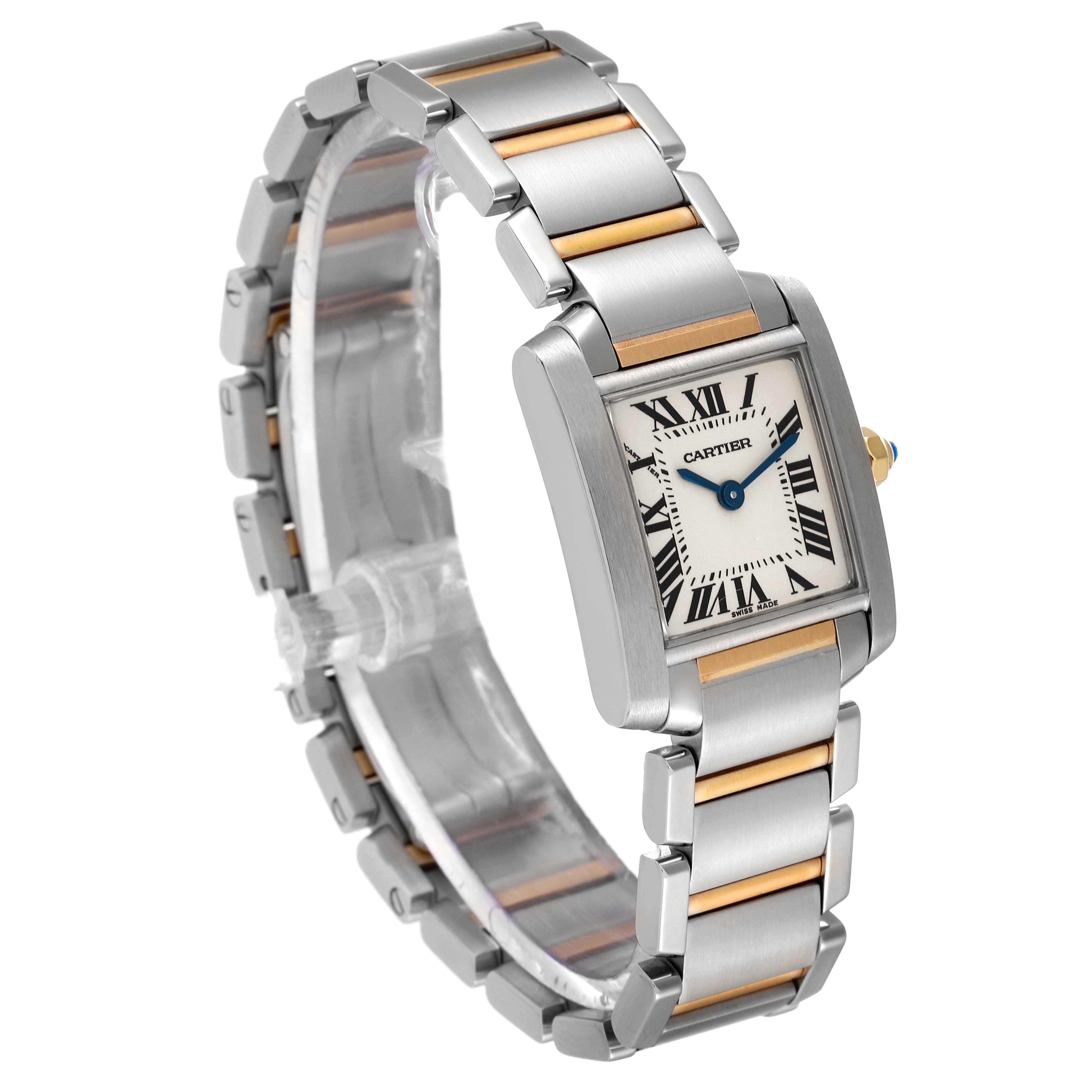 This image shows a Cartier Tank Française watch from a three-quarter angle, highlighting its rectangular face and two-tone metal band.