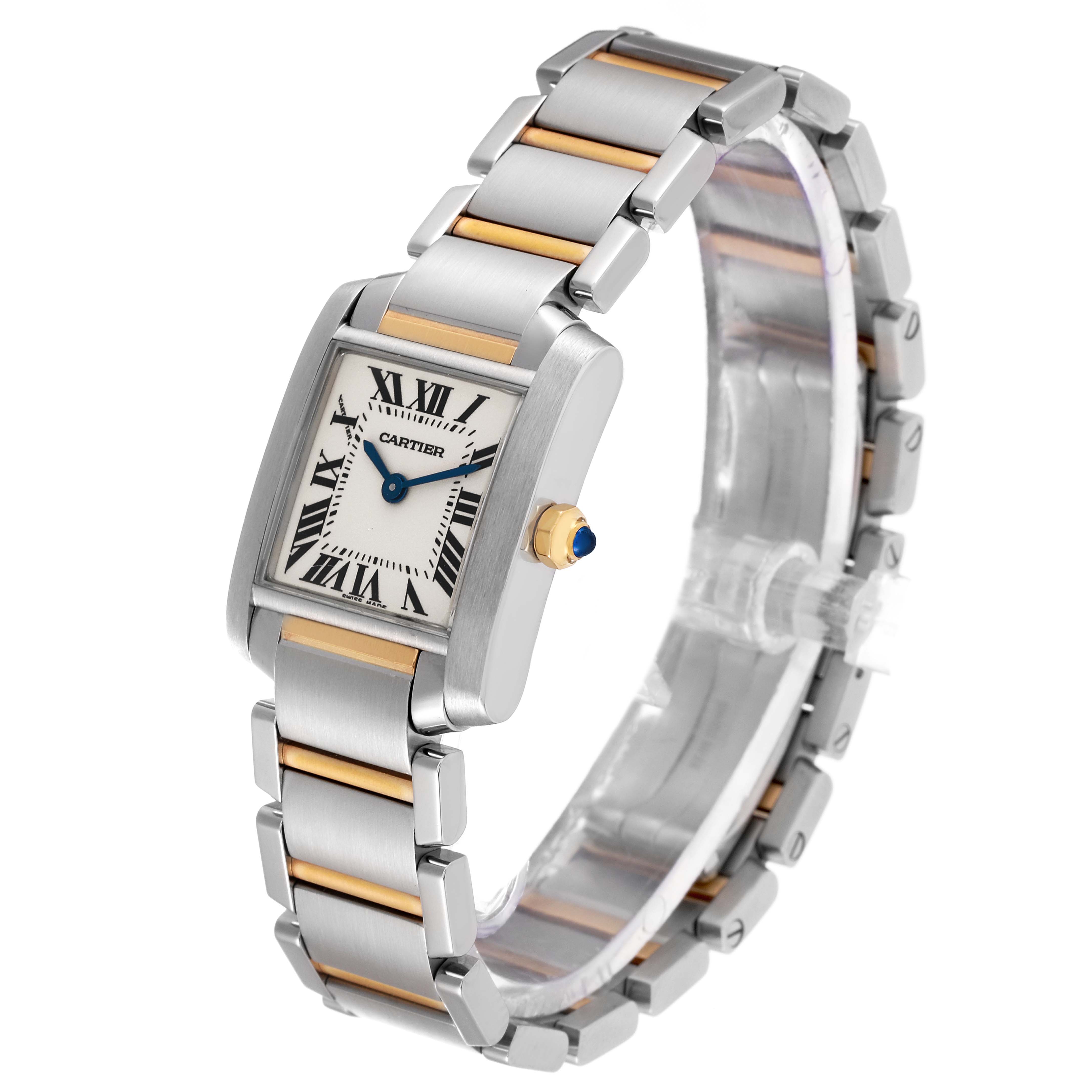 The image shows a Cartier Tank Francaise W51007Q4 Women's Steel and Gold (two tone) Silver Dial W51007Q4 Women's Steel and Gold (two tone) Silver Dial watch at a three-quarter angle, highlighting its square dial and two-tone bracelet.