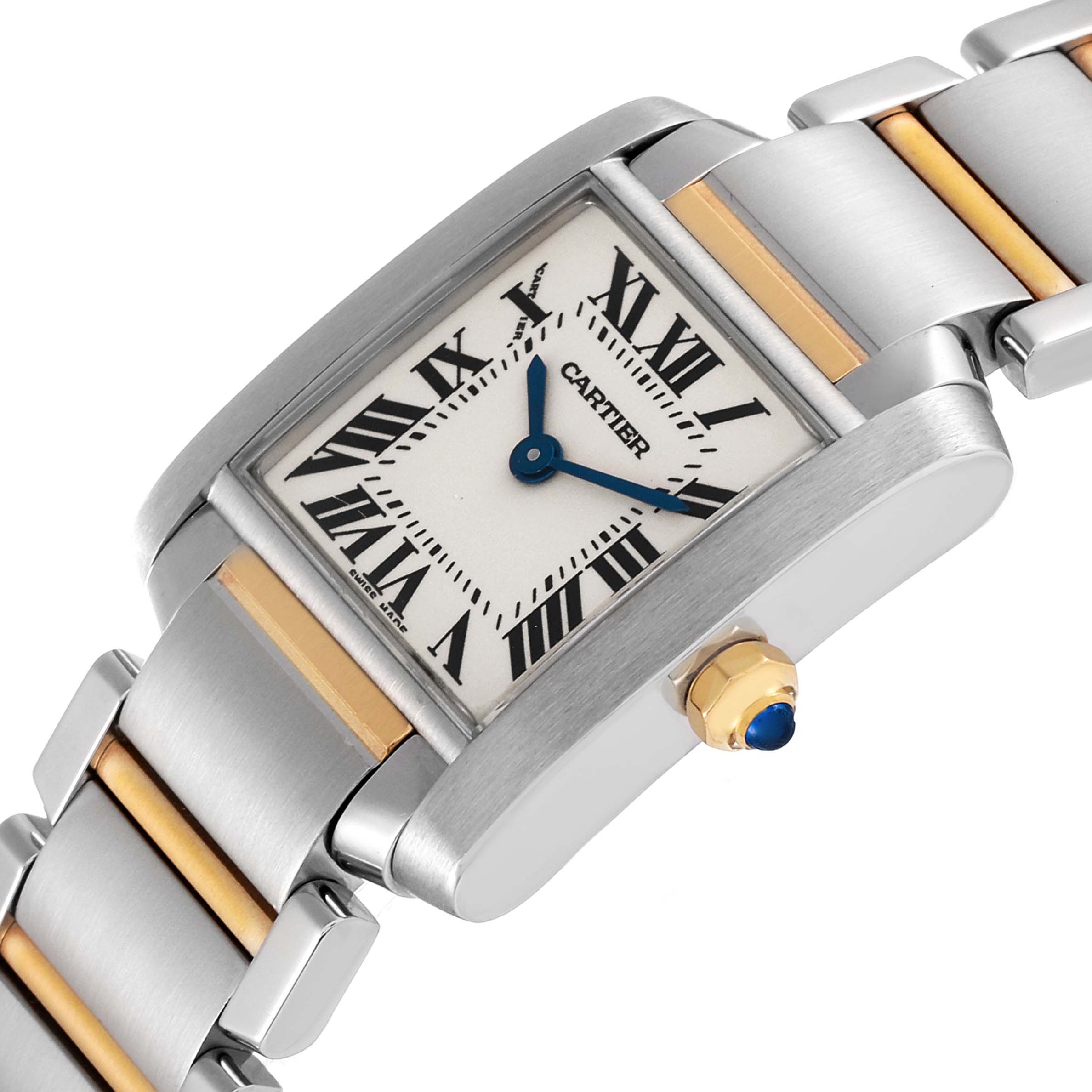 The Cartier Tank Francaise W51007Q4 Women's Steel and Gold (two tone) Silver Dial W51007Q4 Women's Steel and Gold (two tone) Silver Dial watch is shown at an angle, highlighting the face, bracelet, and crown.
