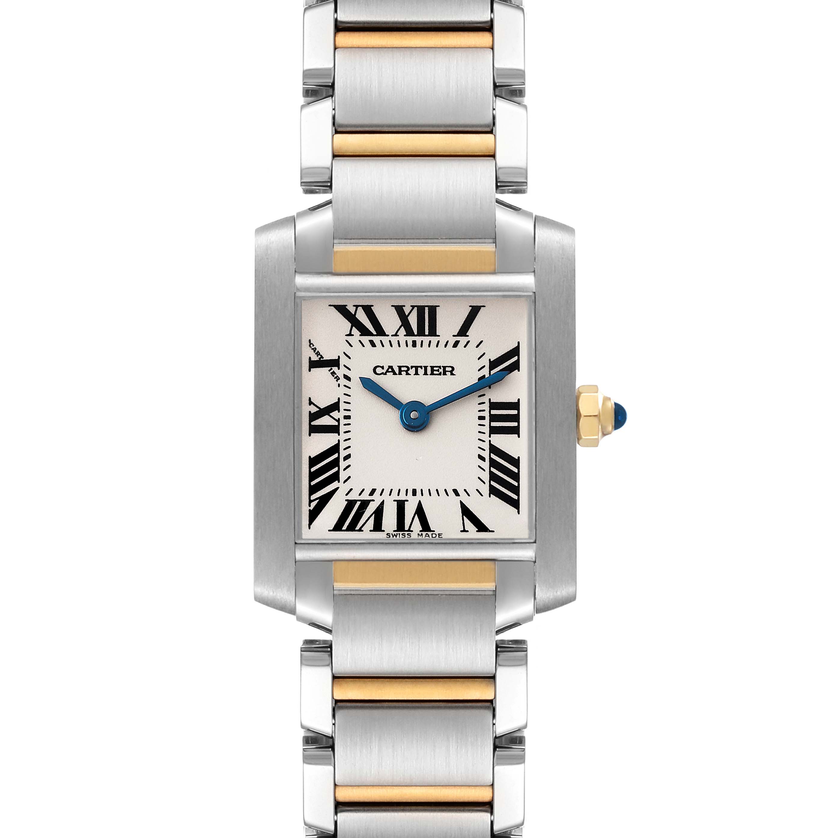 The image shows a Tank Francaise model by Cartier from a top-down angle, highlighting the watch face and bracelet.