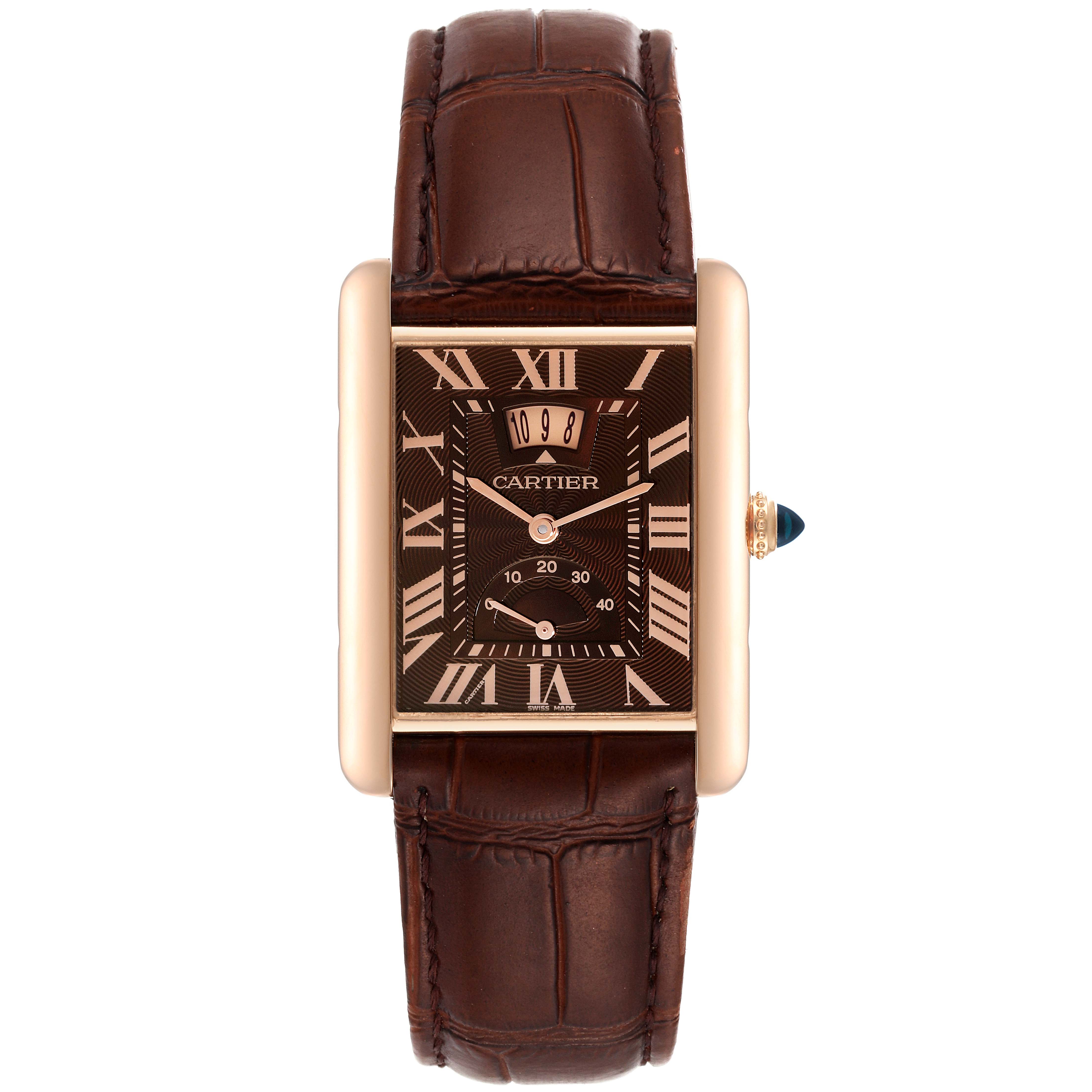 The image shows a front view of a Cartier Tank Louis W1560002 Men's Rose Gold Brown Dial W1560002 Men's Rose Gold Brown Dial watch with a brown leather strap and Roman numeral dial.